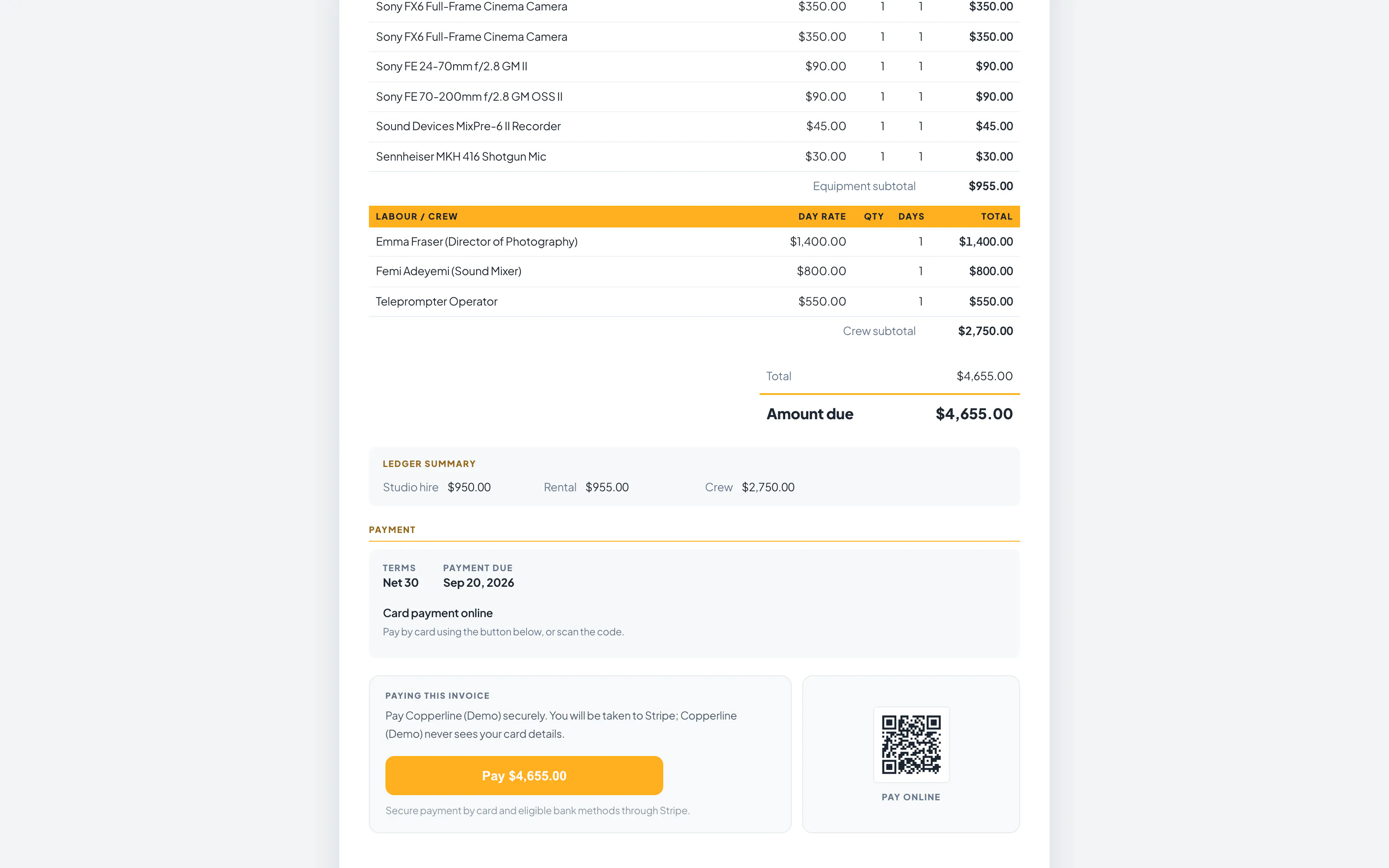 The invoice page a client opens, at its foot: the total and amount due, the payment terms, Card payment online, a Pay button that goes to Stripe and a code to scan