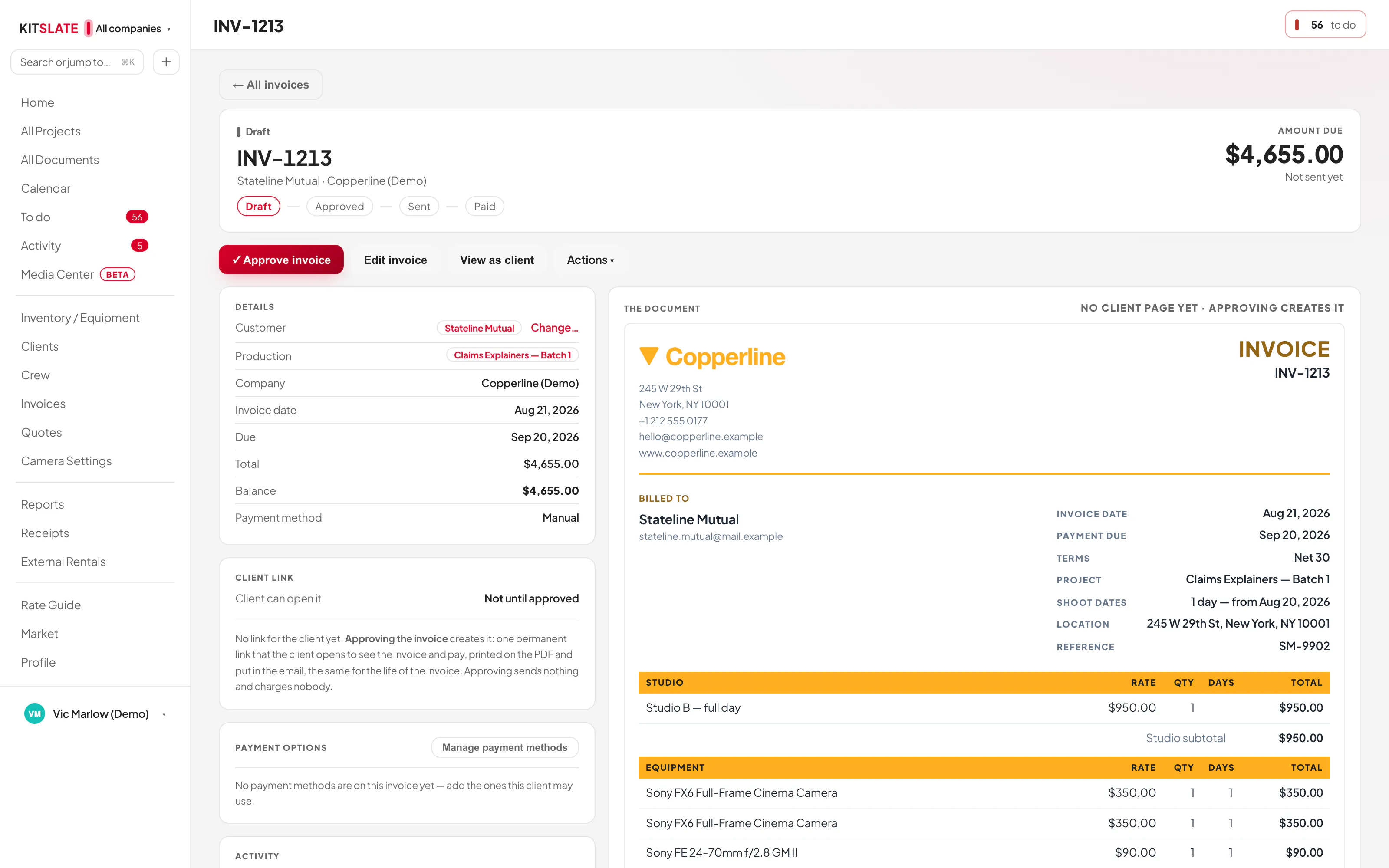 A draft invoice&rsquo;s page: the line Draft, Approved, Sent, Paid, Approve invoice as its first action, the details and the invoice itself beside them