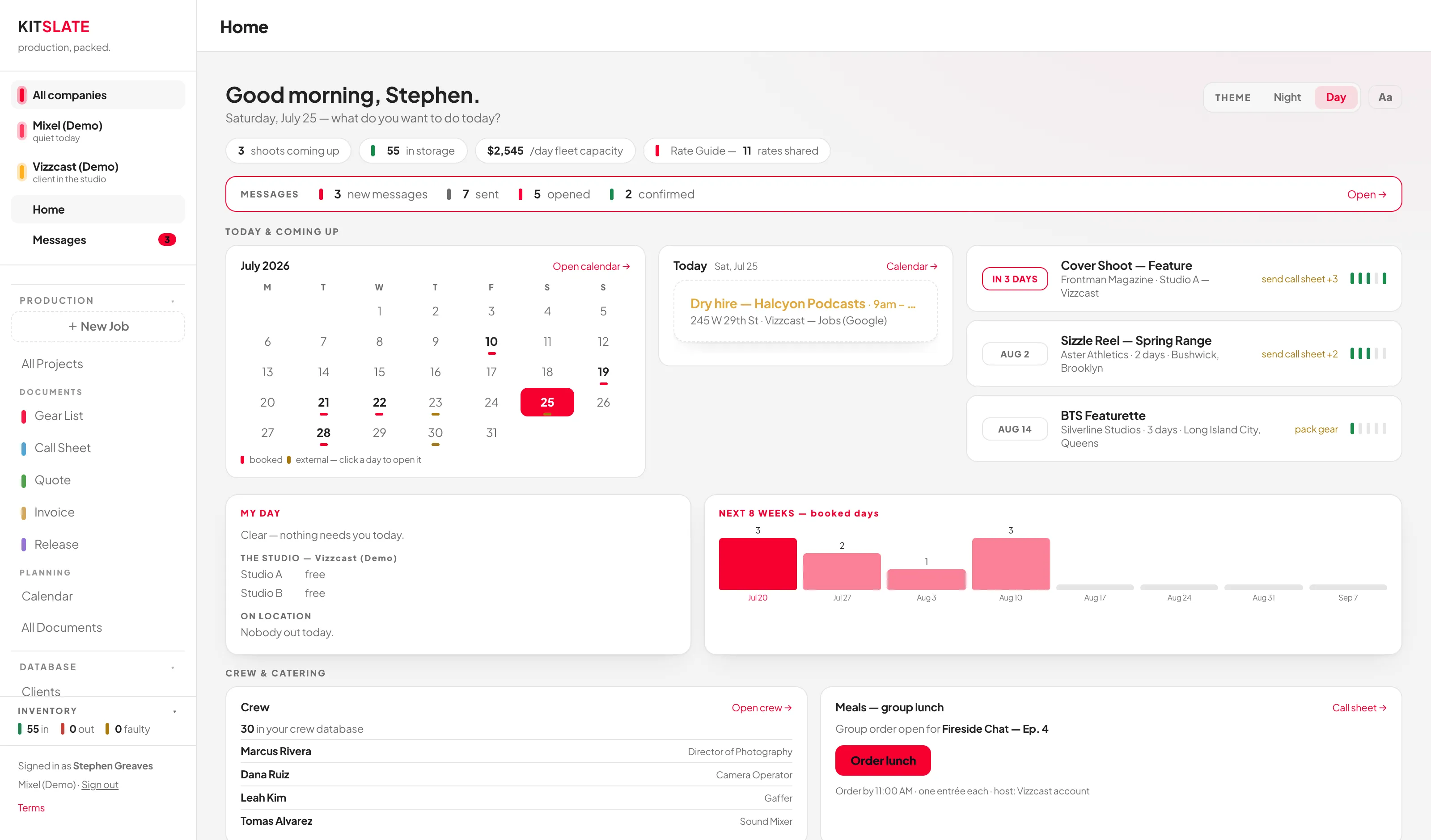 The KitSlate Home screen showing a greeting, stat chips, a messages strip, a mini calendar, today's bookings, an up-next list, the MY DAY card and an eight-week bar chart.