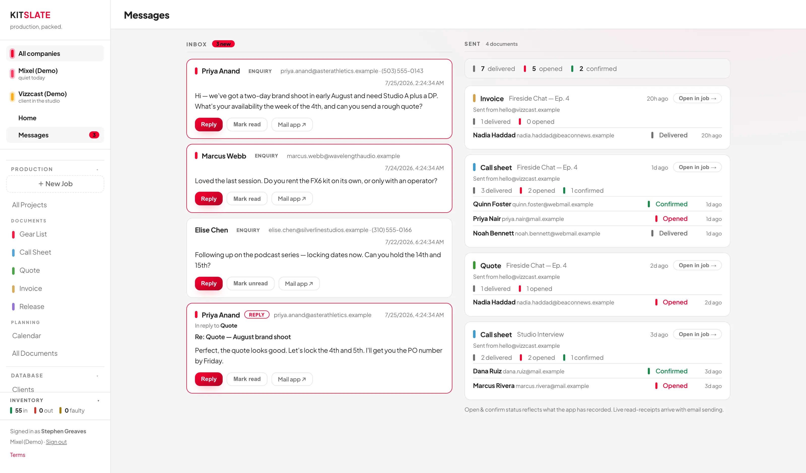 The Messages screen with an INBOX column of enquiry and reply cards, and a SENT column tracking delivered, opened and confirmed documents.