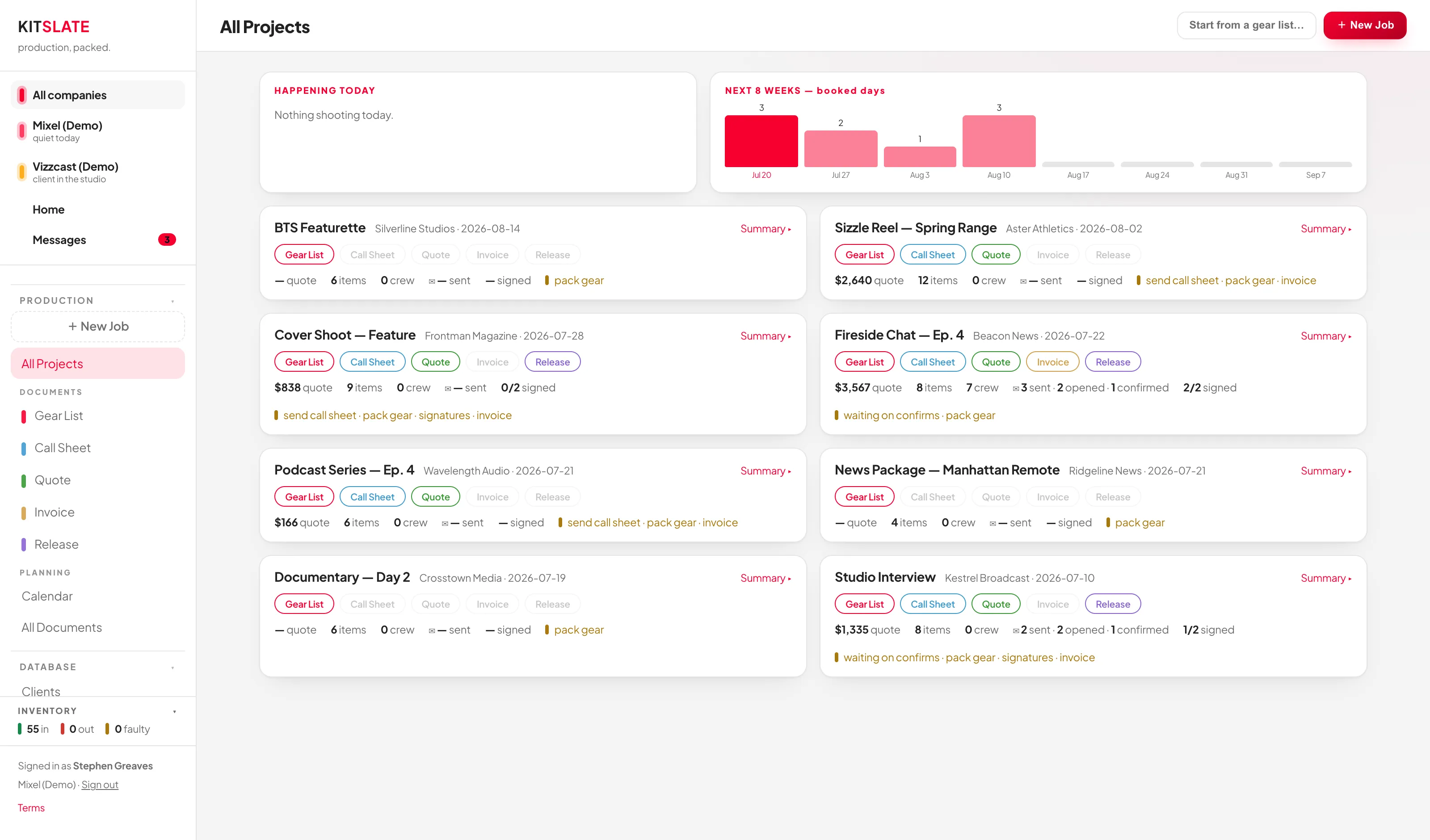 The All Projects screen showing job cards in a two-column grid, each with five document chips, totals and an amber to-do list.
