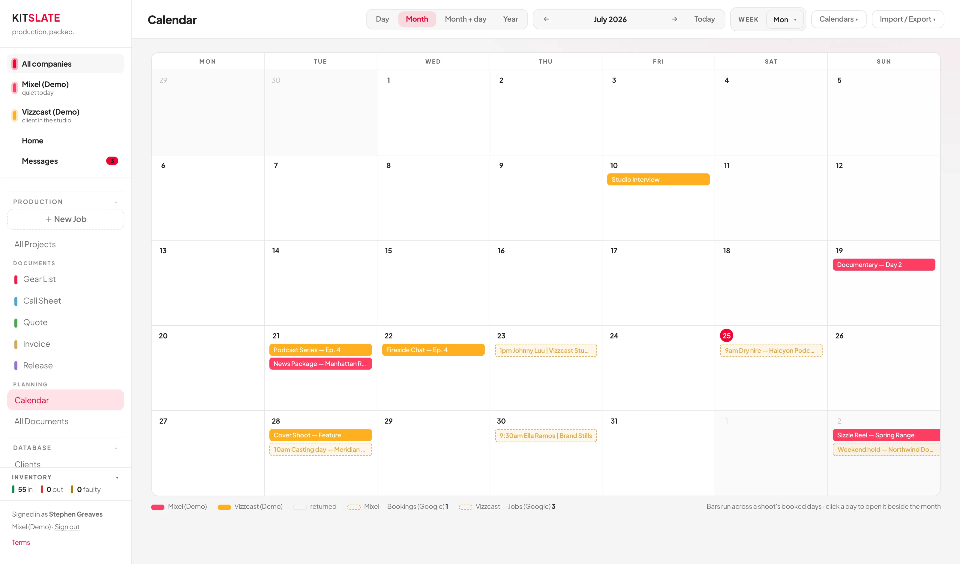 The Calendar month view with coloured bars spanning each booking's days, a company legend and imported-feed chips along the bottom.