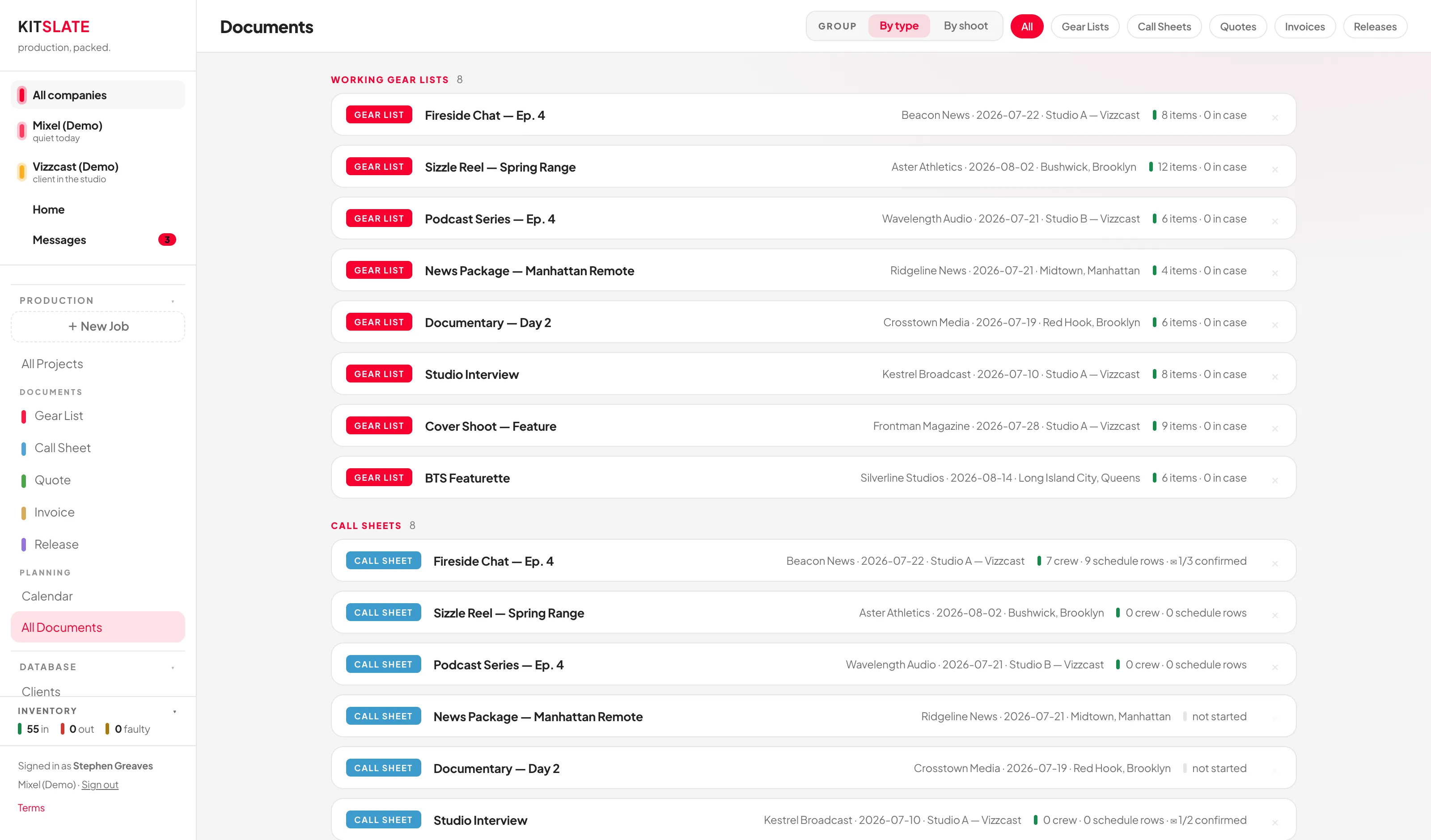 The All Documents hub grouped by type, with filter chips and status lines showing item counts, confirmations, totals and signature progress.