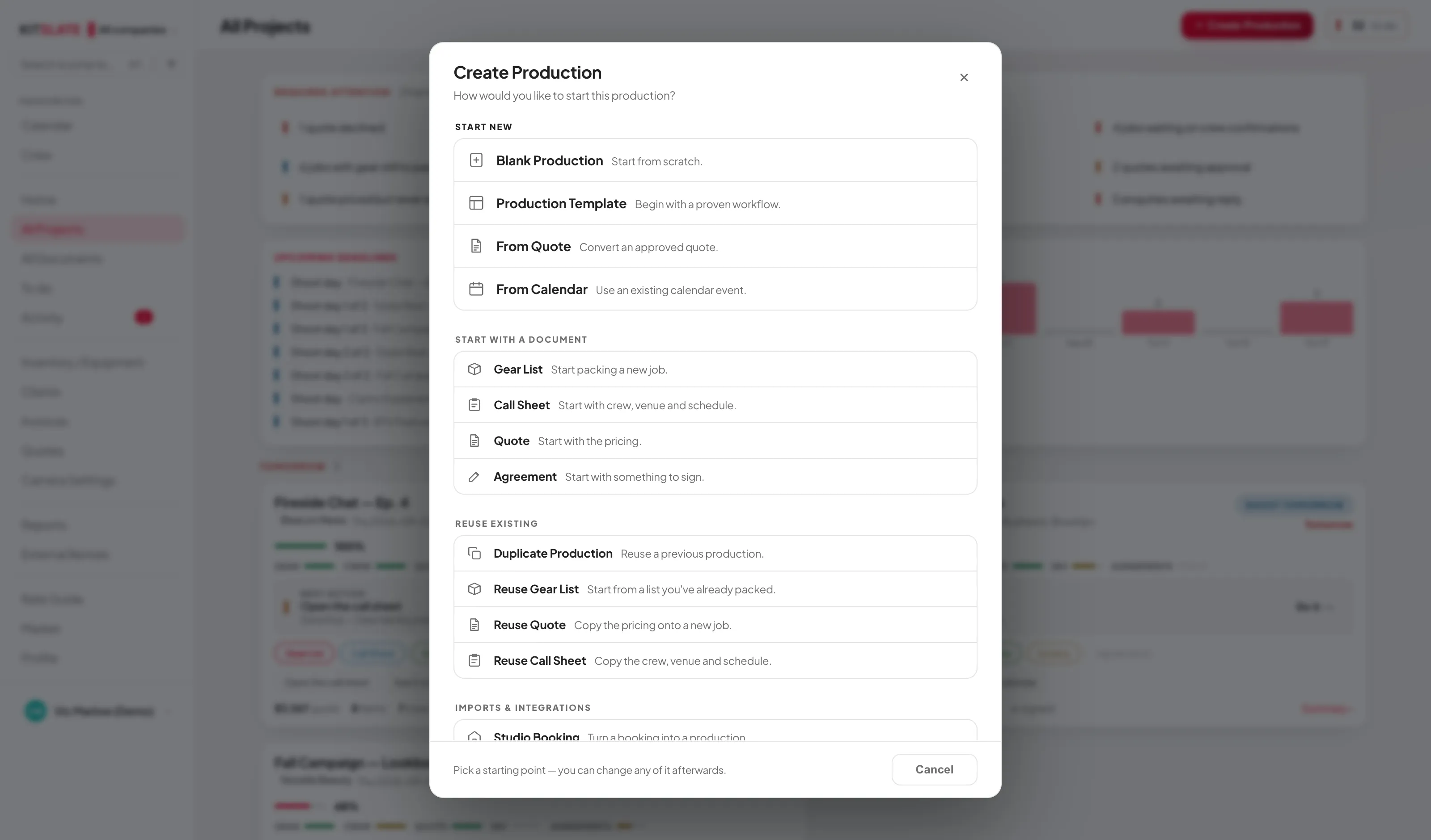 The Create Production launcher: four sections of routes — START NEW, START WITH A DOCUMENT, REUSE EXISTING and IMPORTS & INTEGRATIONS — each a row with an icon, a name and a one-line description, with a Describe your production panel at the bottom.