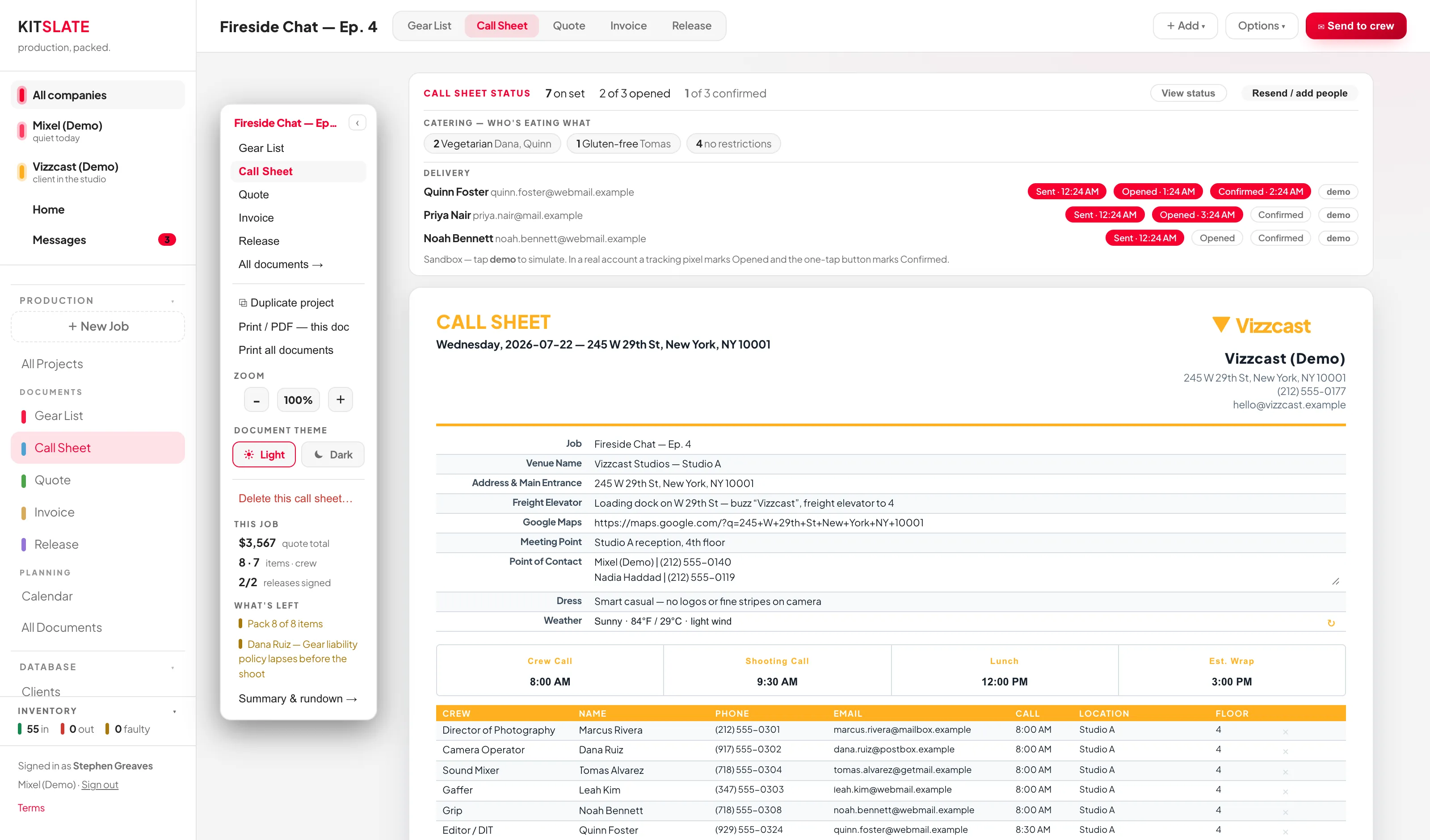 The Call Sheet editor showing venue and access fields, key times, the crew table with call times and locations, and the schedule table.