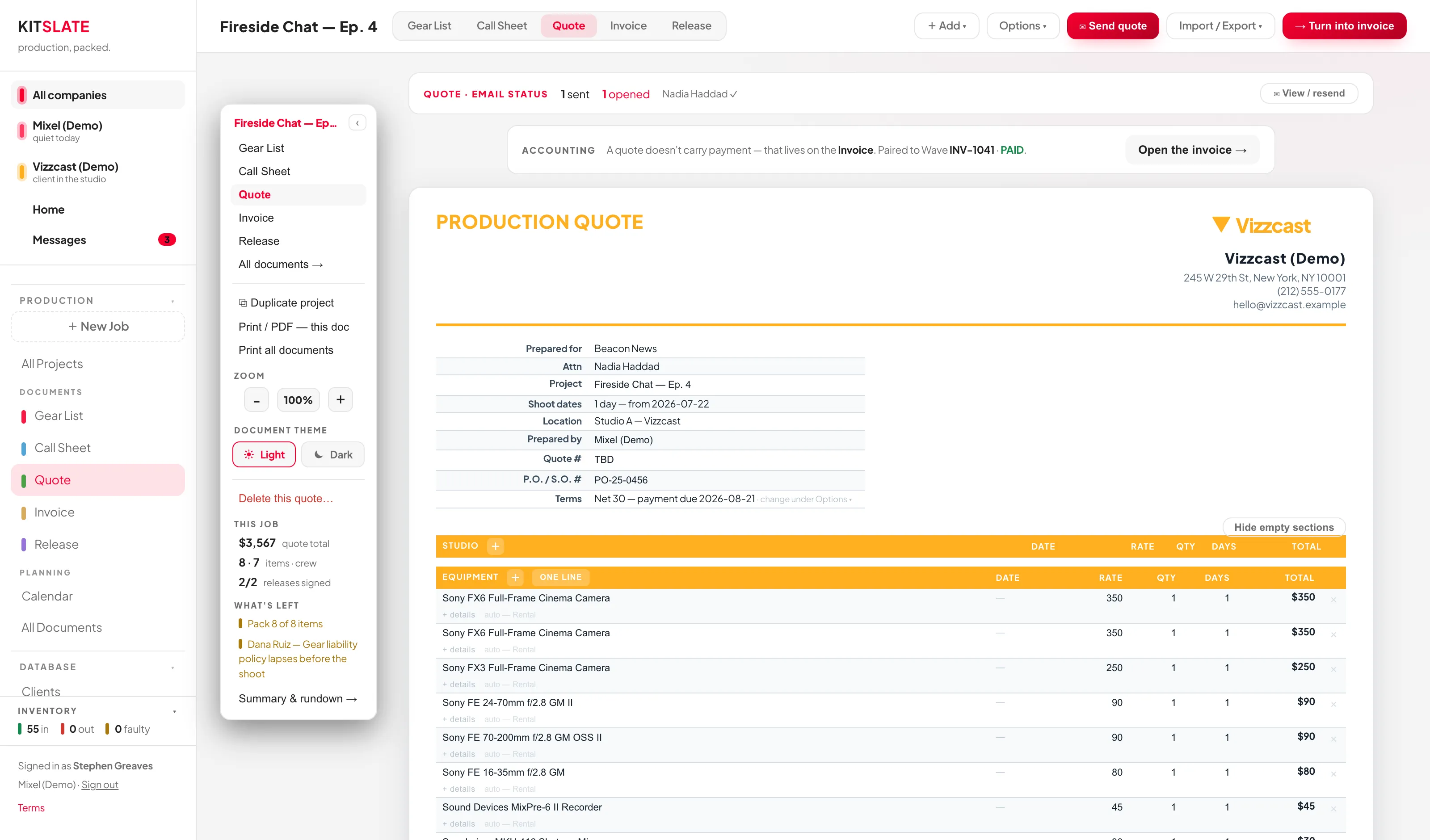 The Quote editor showing studio, equipment, labour and misc sections with rate, quantity, days and total columns.