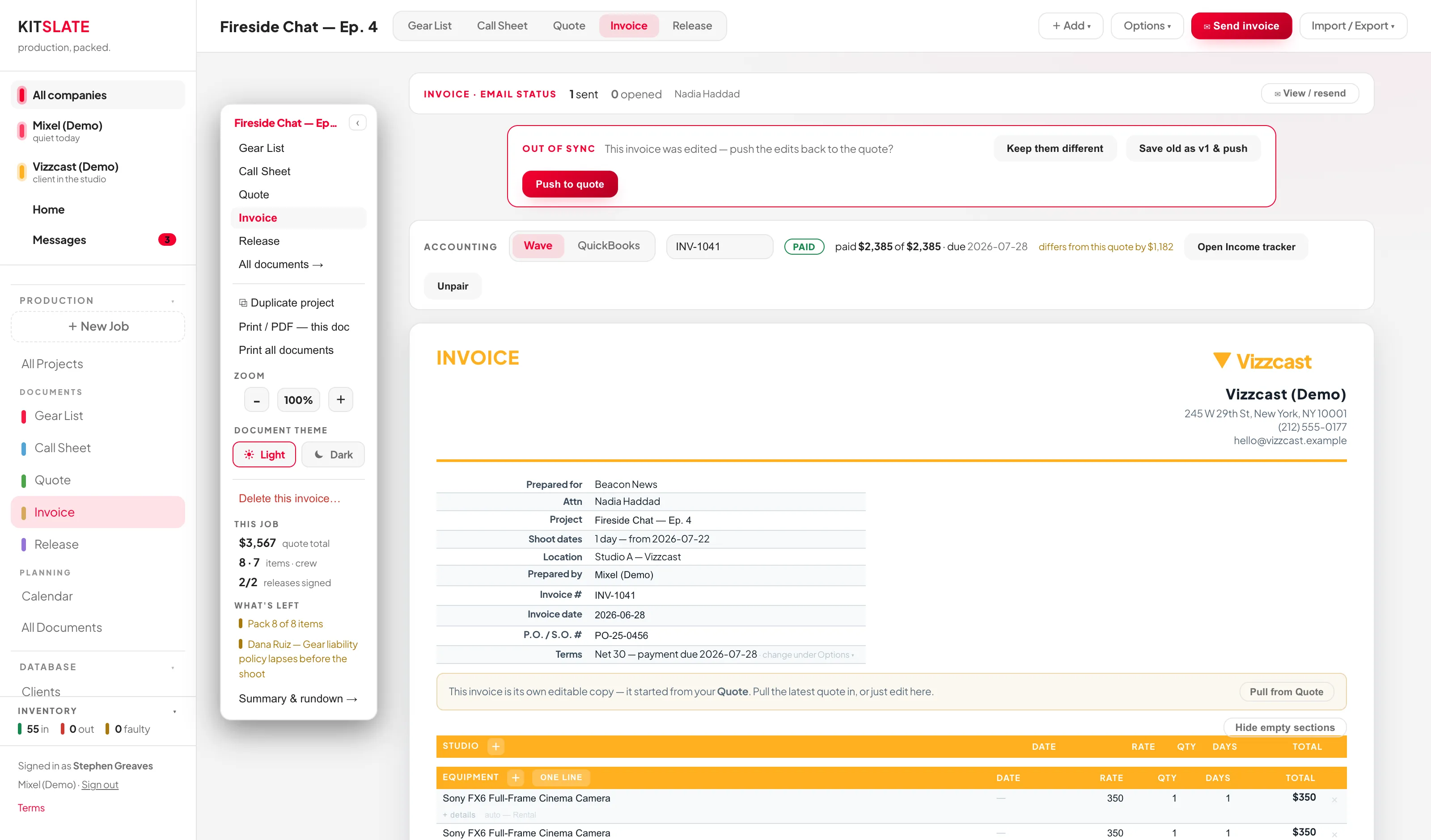 The Invoice editor showing the invoice number, date and terms, the accounting strip, and the balance due.