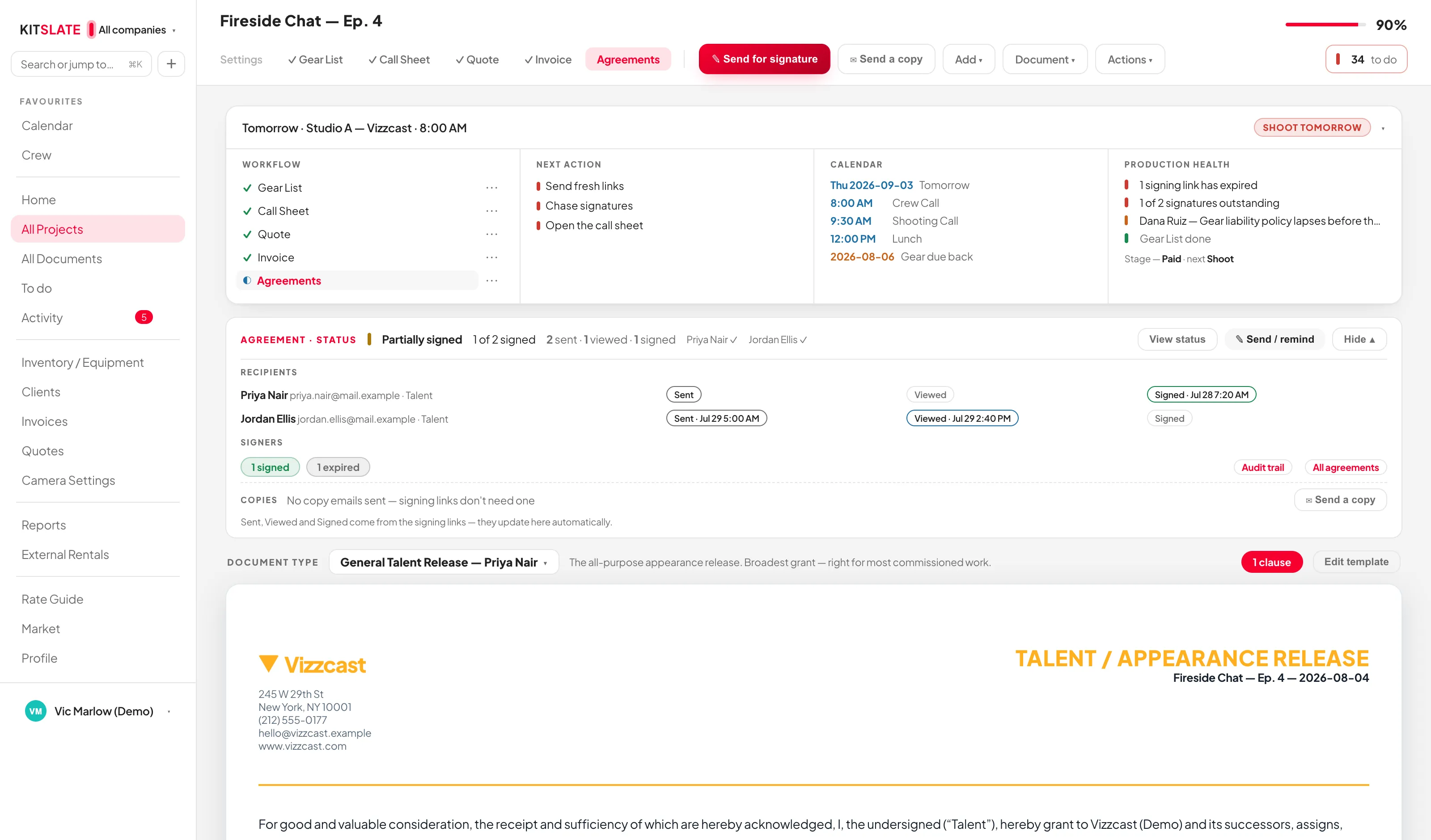 The Agreements page with the AGREEMENT · STATUS card, the DOCUMENT TYPE bar naming the General Talent Release, the agreement body below and the signatures table.
