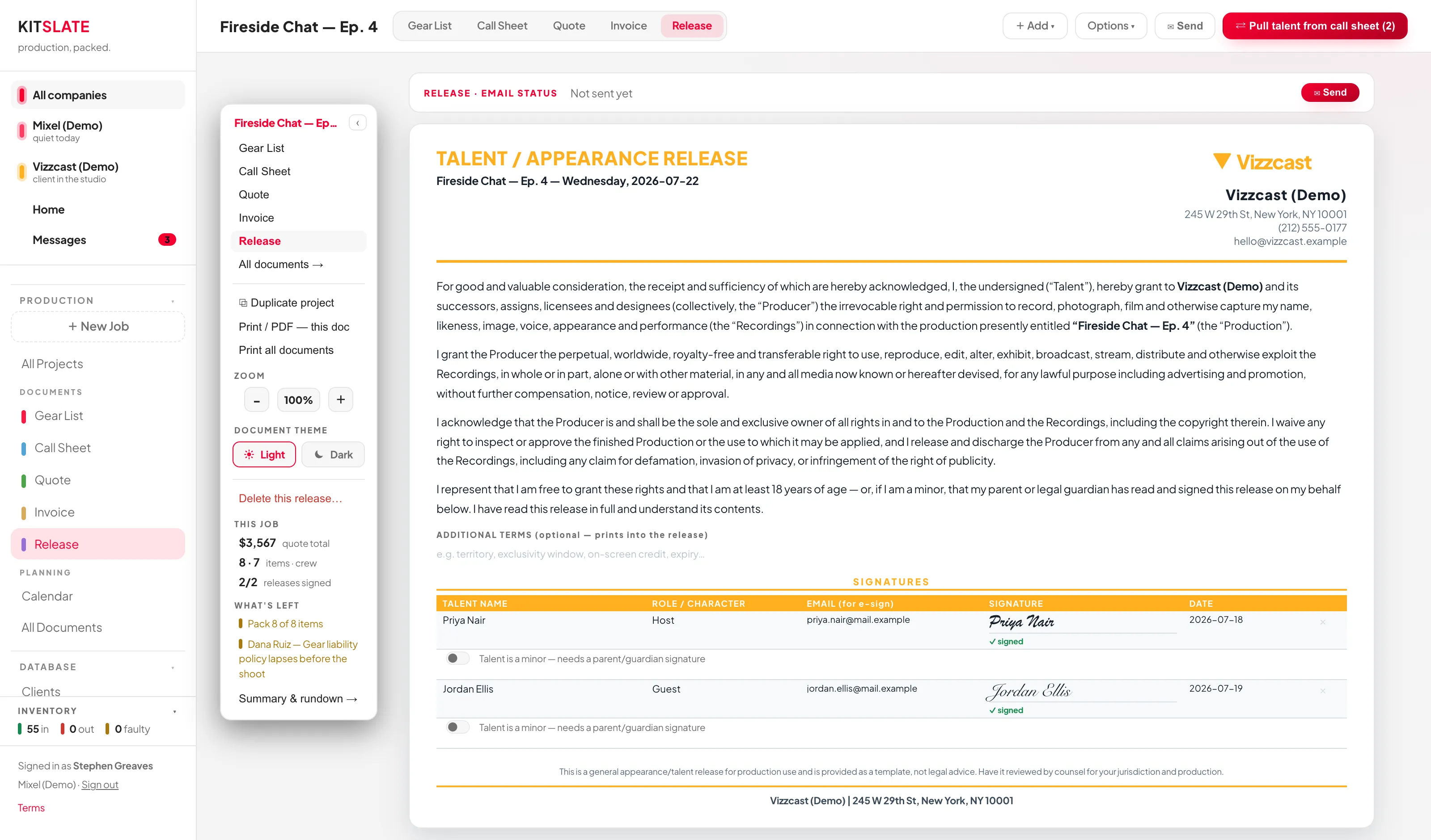 The Release editor showing the appearance release body, additional terms box, and a signature table with talent name, role, email, signature and date columns.