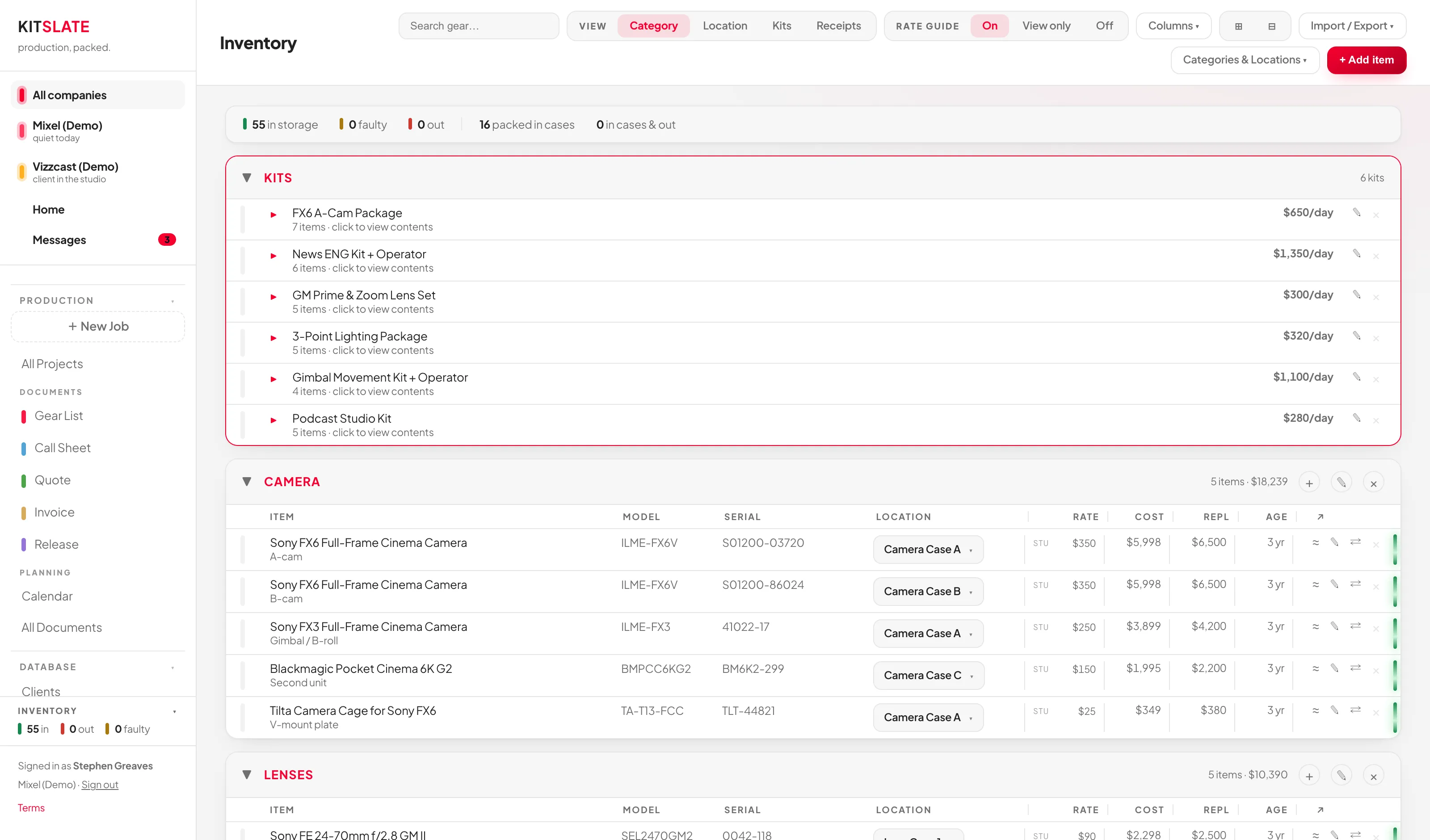 The Inventory screen showing a KITS card, then category groups with item rows listing model, serial, location, rate, cost, replacement value, age and status bars.