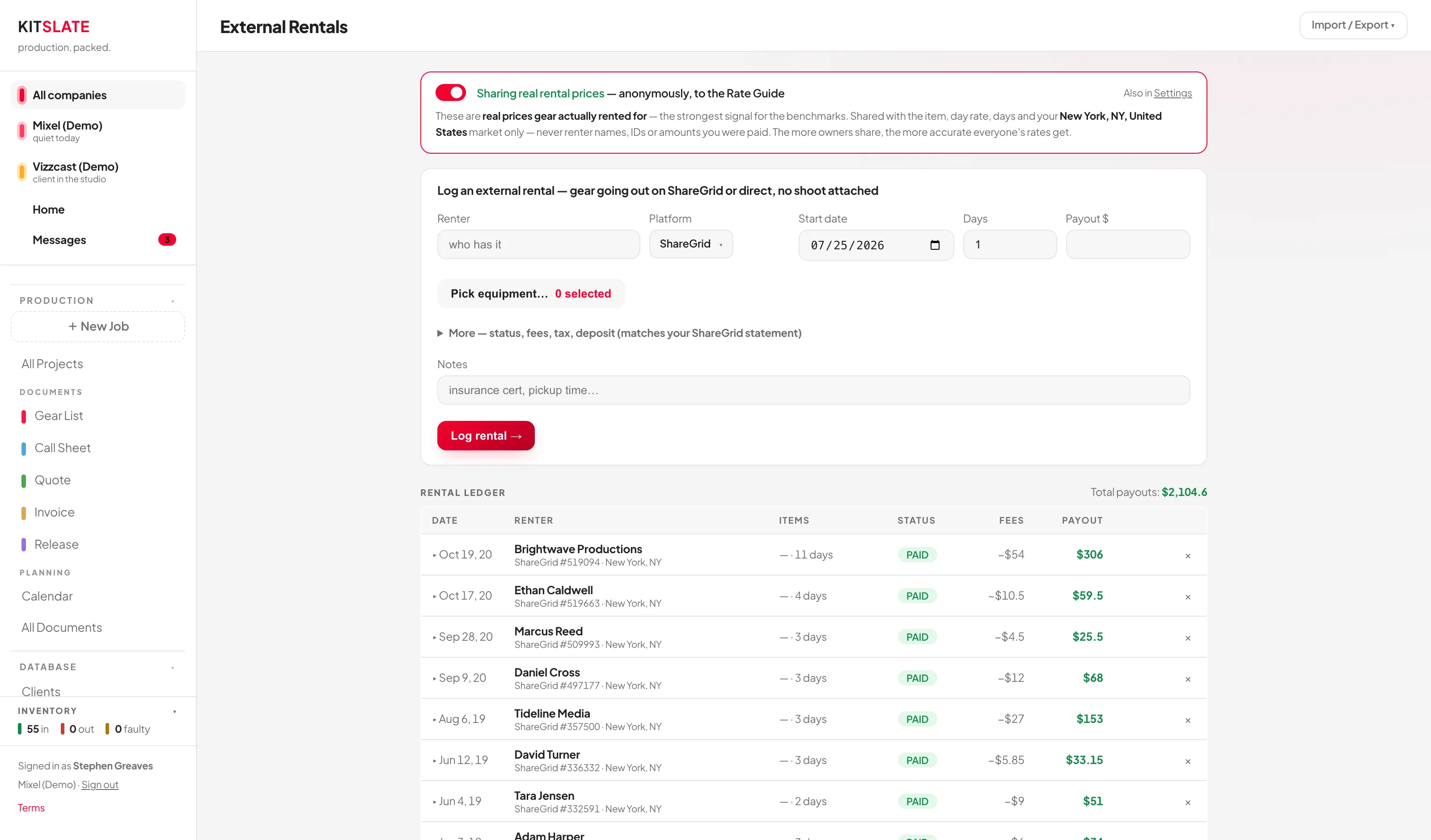 The External Rentals screen with a logging form for renter, platform, dates, days and payout, above a rental ledger table with status pills.