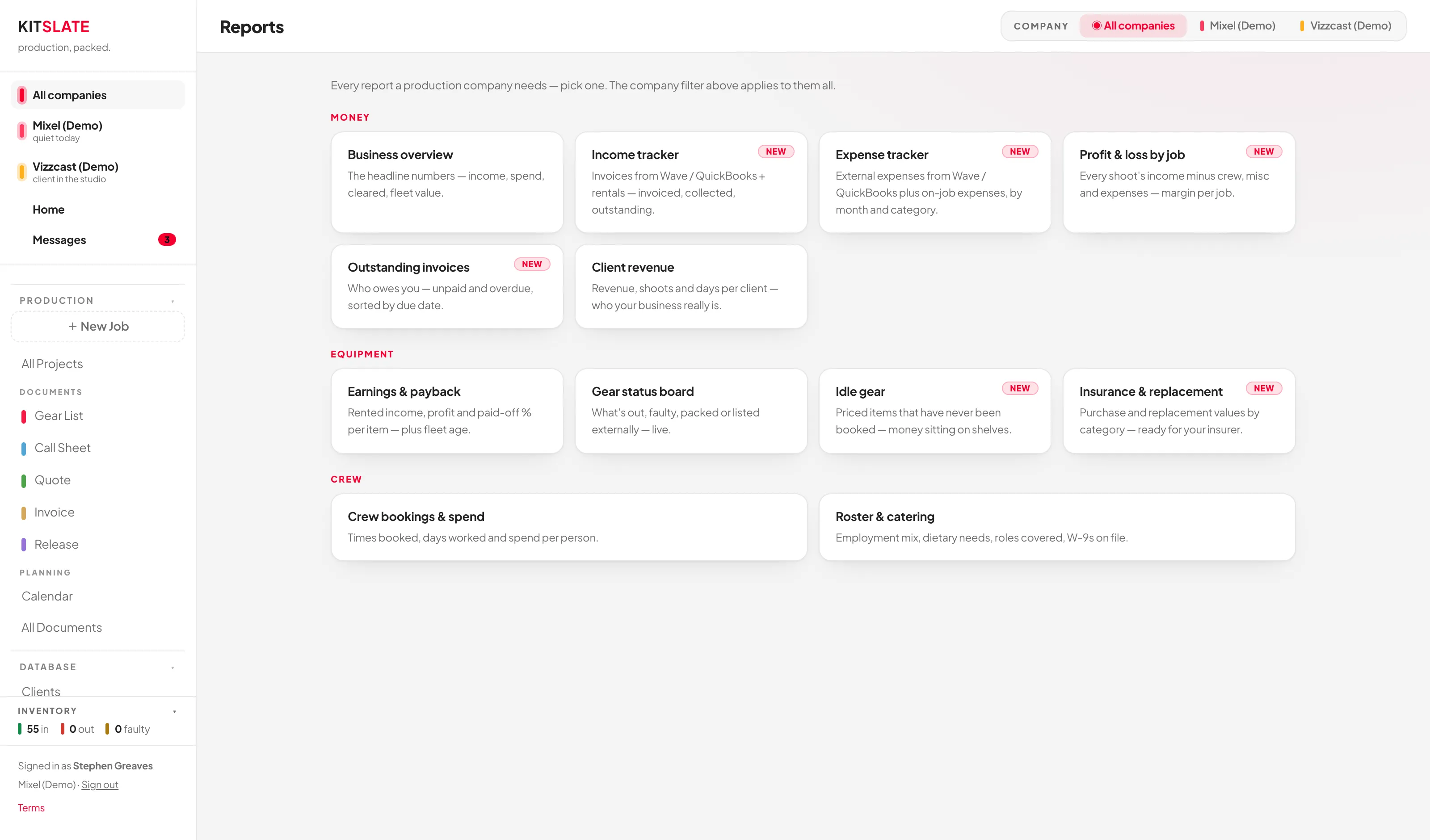 The Reports hub showing report cards grouped under money, equipment and crew headings, with a company filter above.