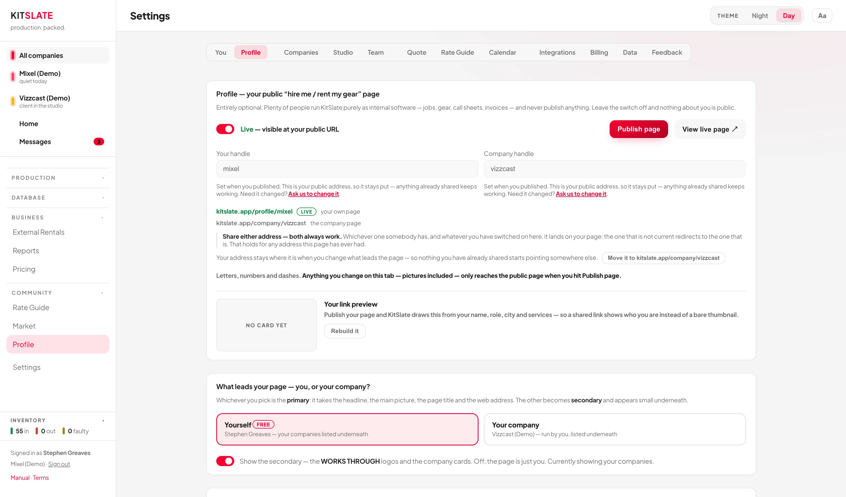 The Profile tab in Settings: the live toggle and Publish page button, Your handle and Company handle both locked after publishing with an Ask us to change it link, both web addresses listed with a LIVE badge on the published one, a Move it button, the link preview, and the picker for what leads the page.