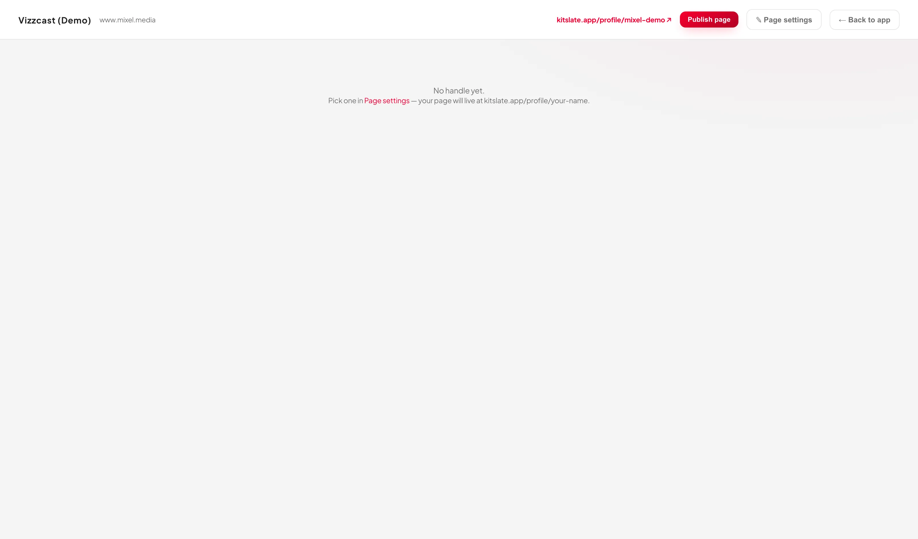 The Public Page view showing a live preview frame of the published profile page with the publish, page settings and refresh controls above it.