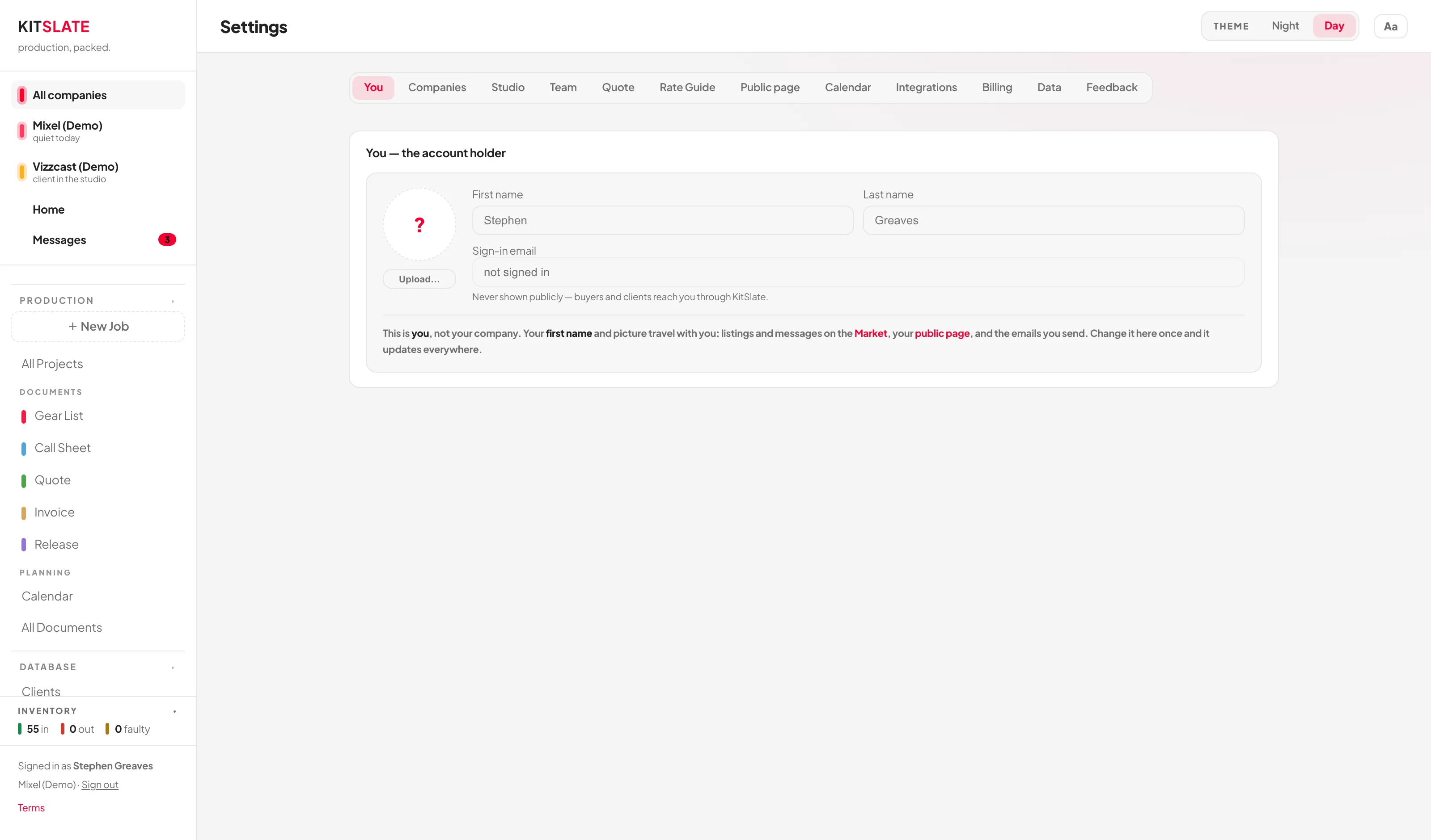 The Settings You tab showing the account holder photo with upload and remove buttons, first and last name fields, and a read-only sign-in email.