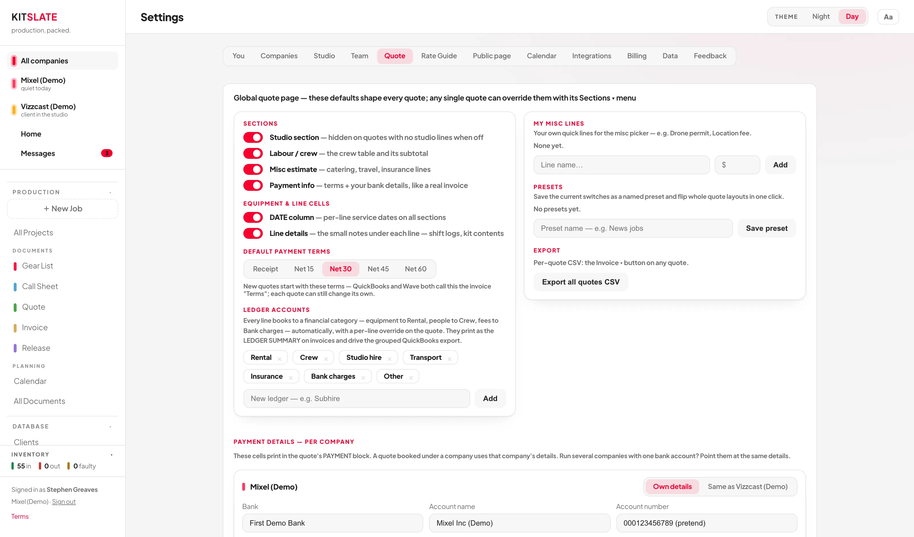 The Quote settings tab showing section toggles, default payment terms, ledger accounts, and per-company payment details with accepted payment methods and fees.