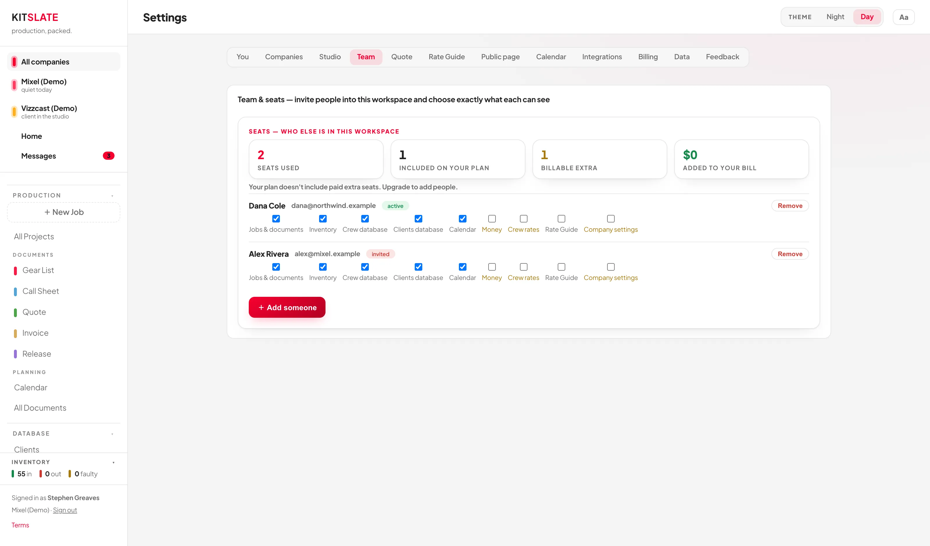 The Team settings tab showing seats-used tiles, billable extras, and an add-someone button above the member list with permission tickboxes.