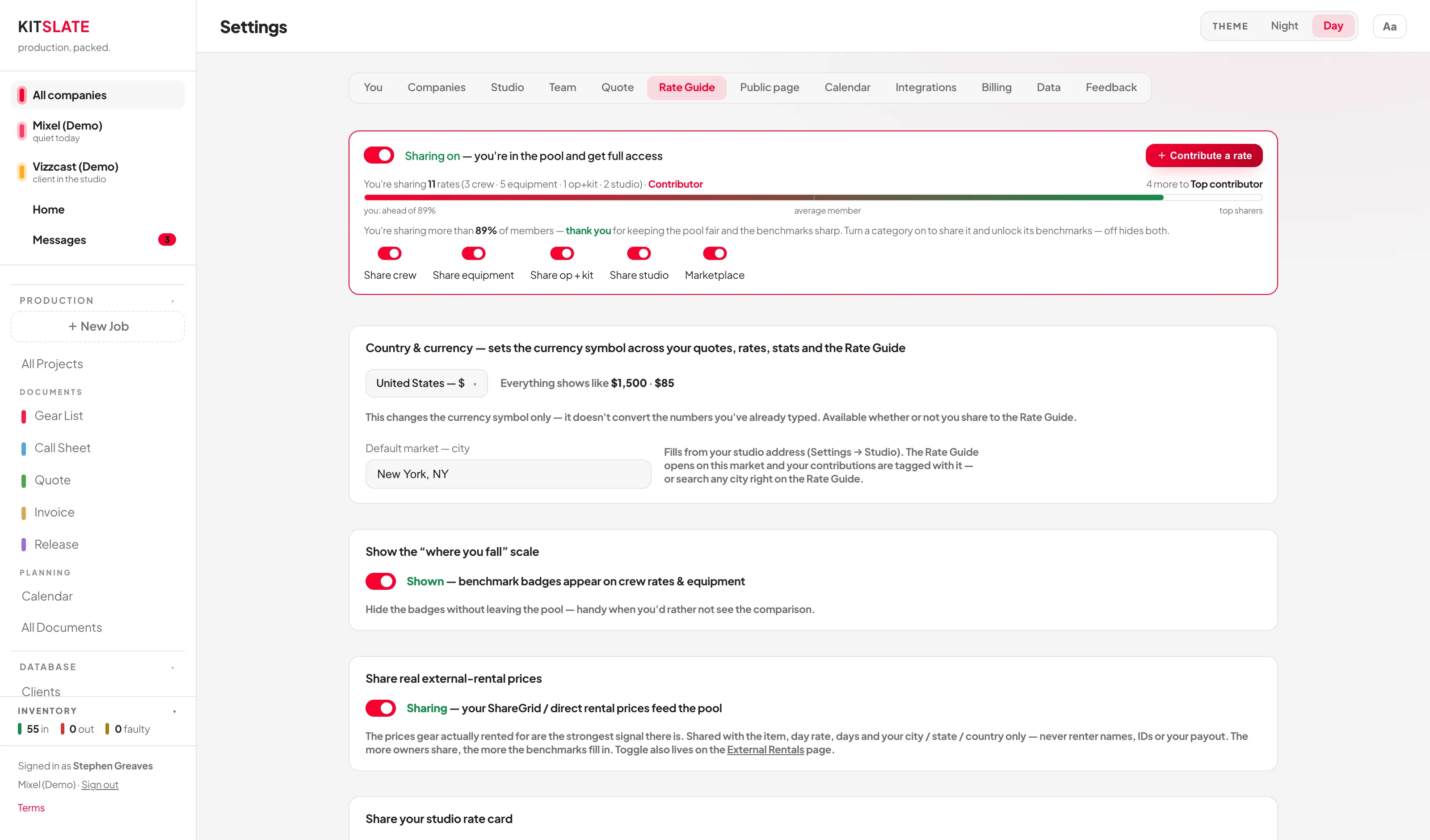 The Rate Guide settings tab showing the sharing master toggle, five per-category toggles, country and currency selection and rental term options.