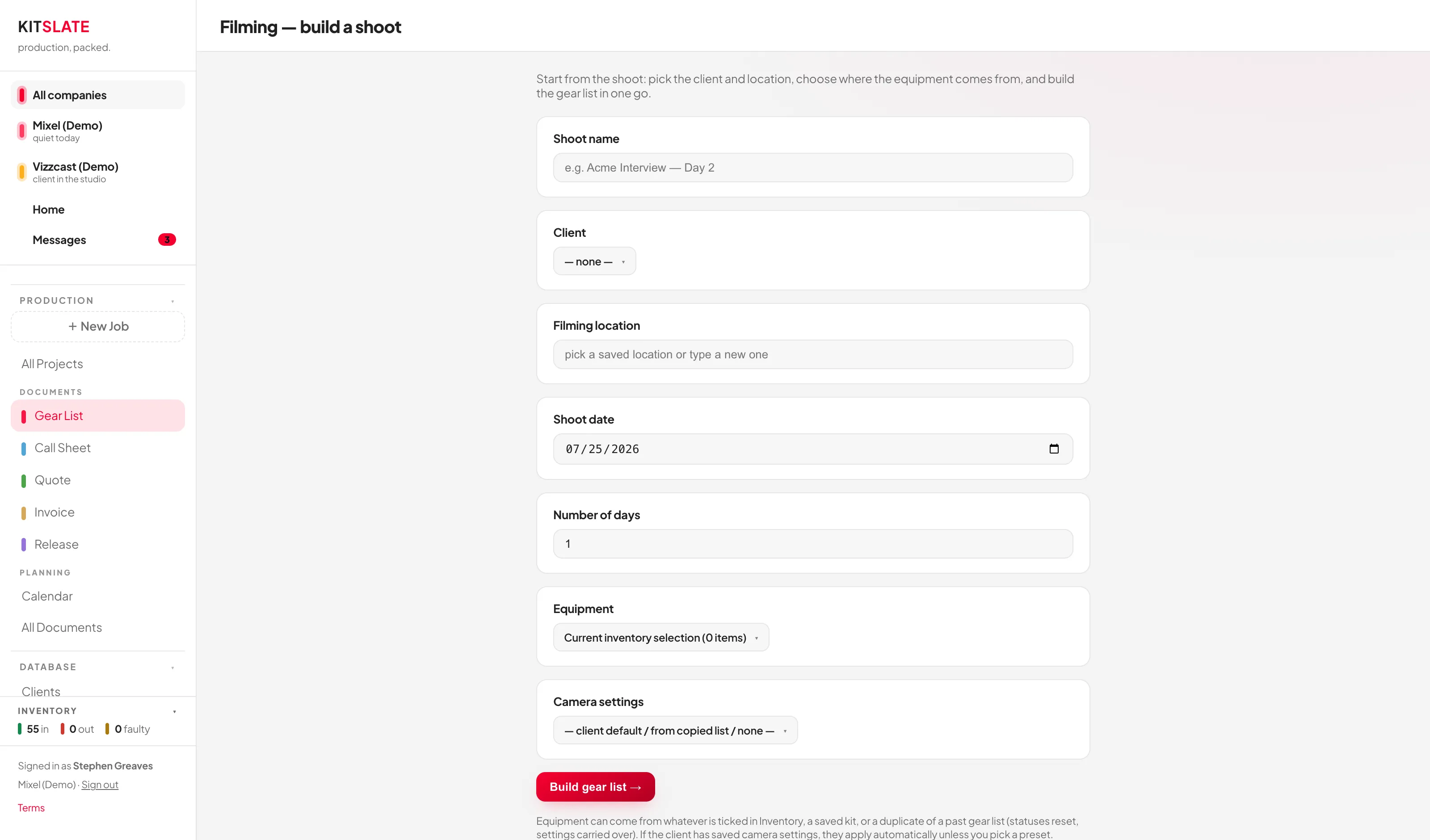 The quick gear list wizard: a single form with job name, client, date, days and an equipment source choice of current selection, a kit, or a copy of a past gear list.