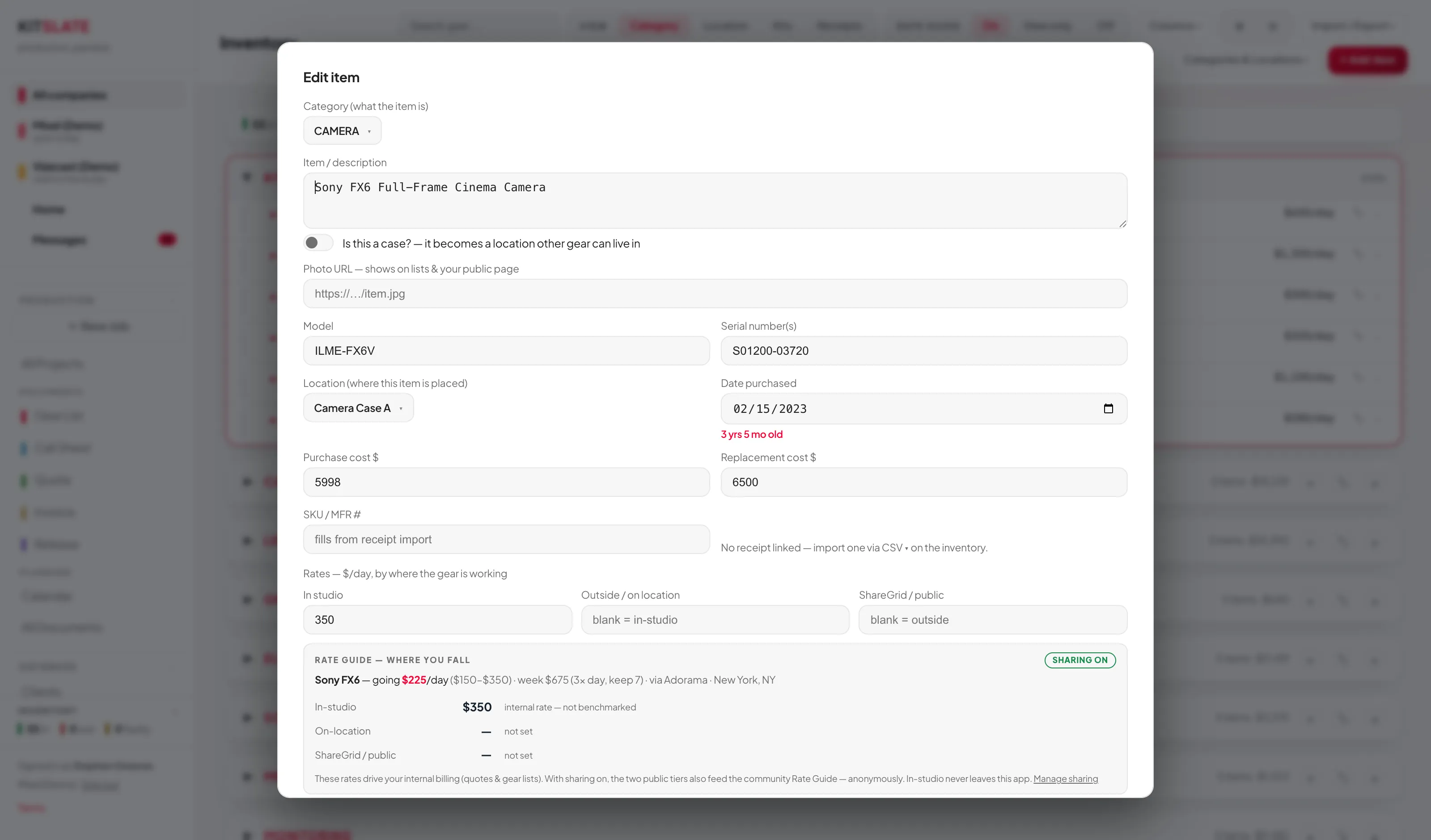 The item editor window showing category, description, model, serial, location, purchase date and cost fields, the three day-rate boxes, and the Rate Guide where-you-fall panel.