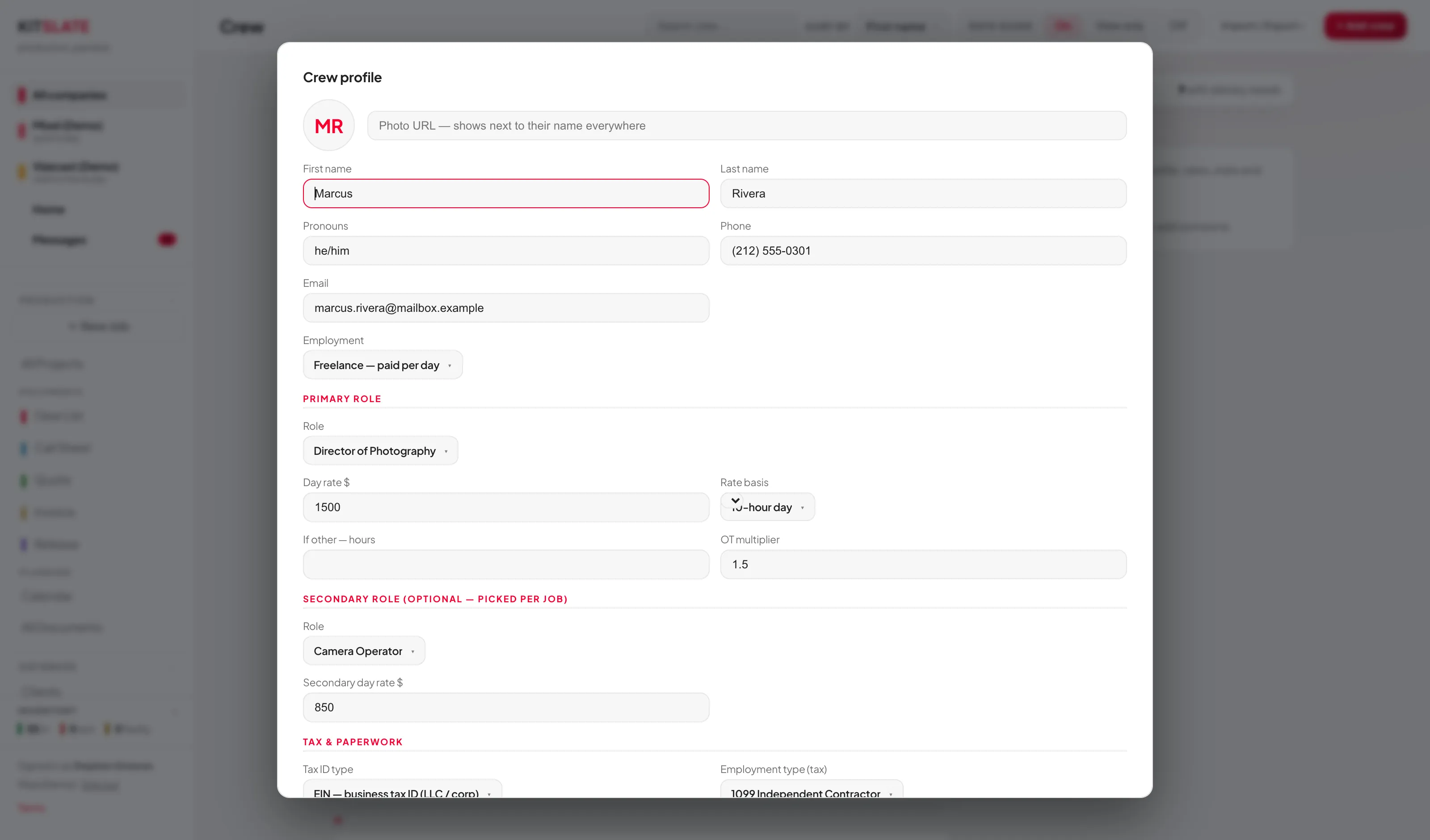 The crew profile editor with name, pronouns, contact, employment type, primary and secondary role with rates, tax paperwork, licenses, address and dietary sections.