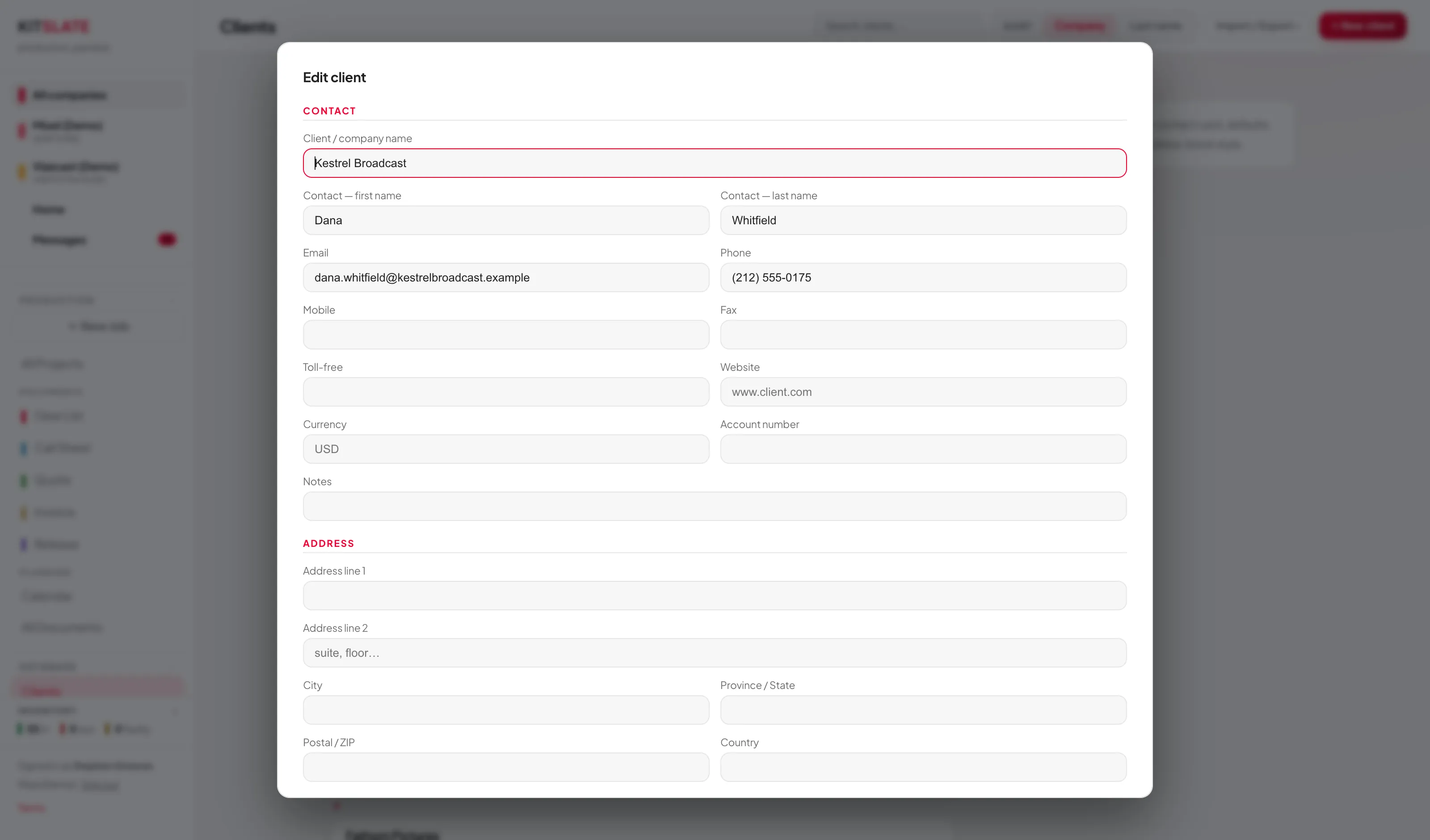 The client editor showing contact fields, address fields, camera settings preset chips, preferred kits and regular crew sections.