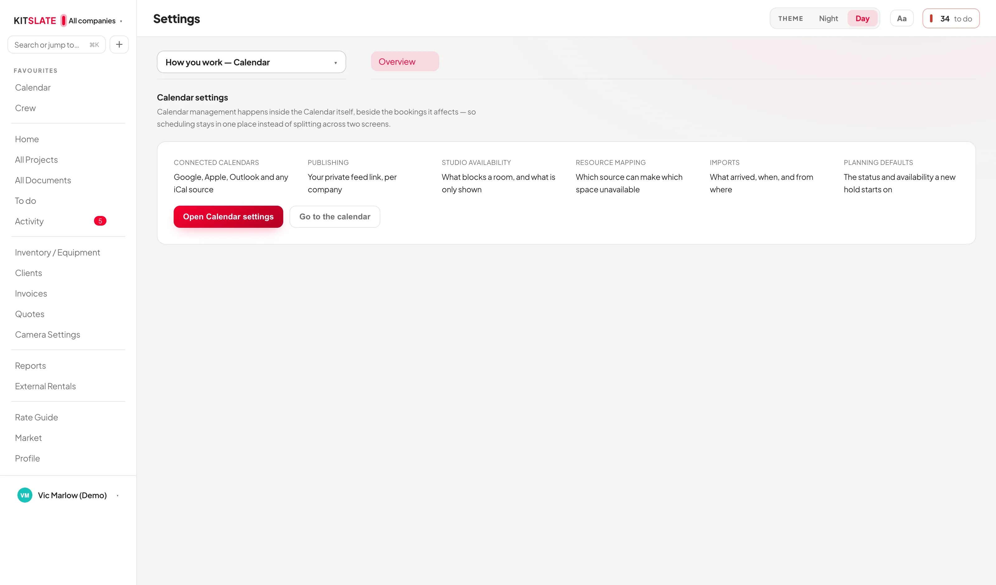 Calendar settings, Connections: a card per connected calendar showing company, what it blocks, time zone, connection type, last sync, imported event count and calendar ID, with Refresh, Edit and Disconnect buttons, and an Add Calendar button below.