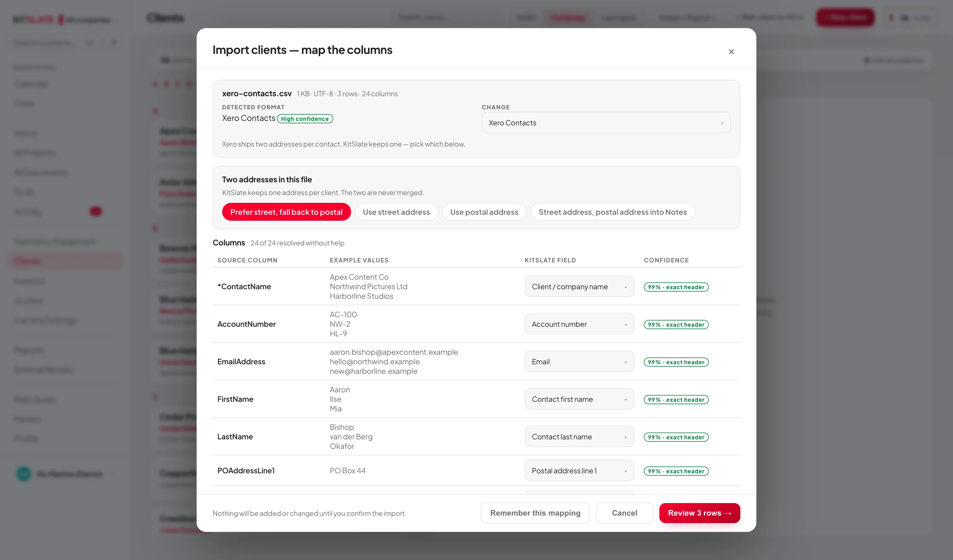 The client import assistant on its mapping screen: a detected-format panel reading Xero Contacts with a high-confidence badge, an address-choice row, and a table of source columns with example values, KitSlate destination fields and confidence badges.