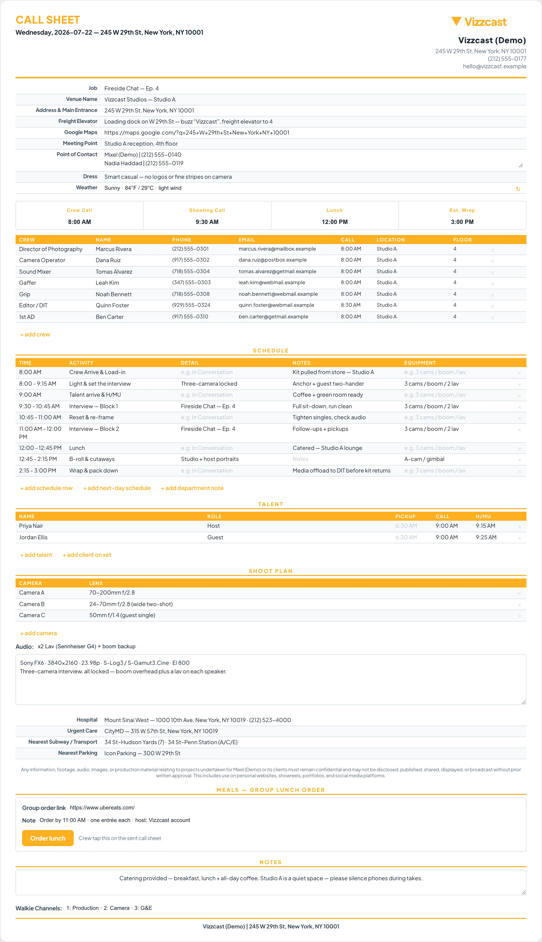 A printed call sheet with letterhead, venue and access details, key times, crew table, schedule, shoot plan and safety information.