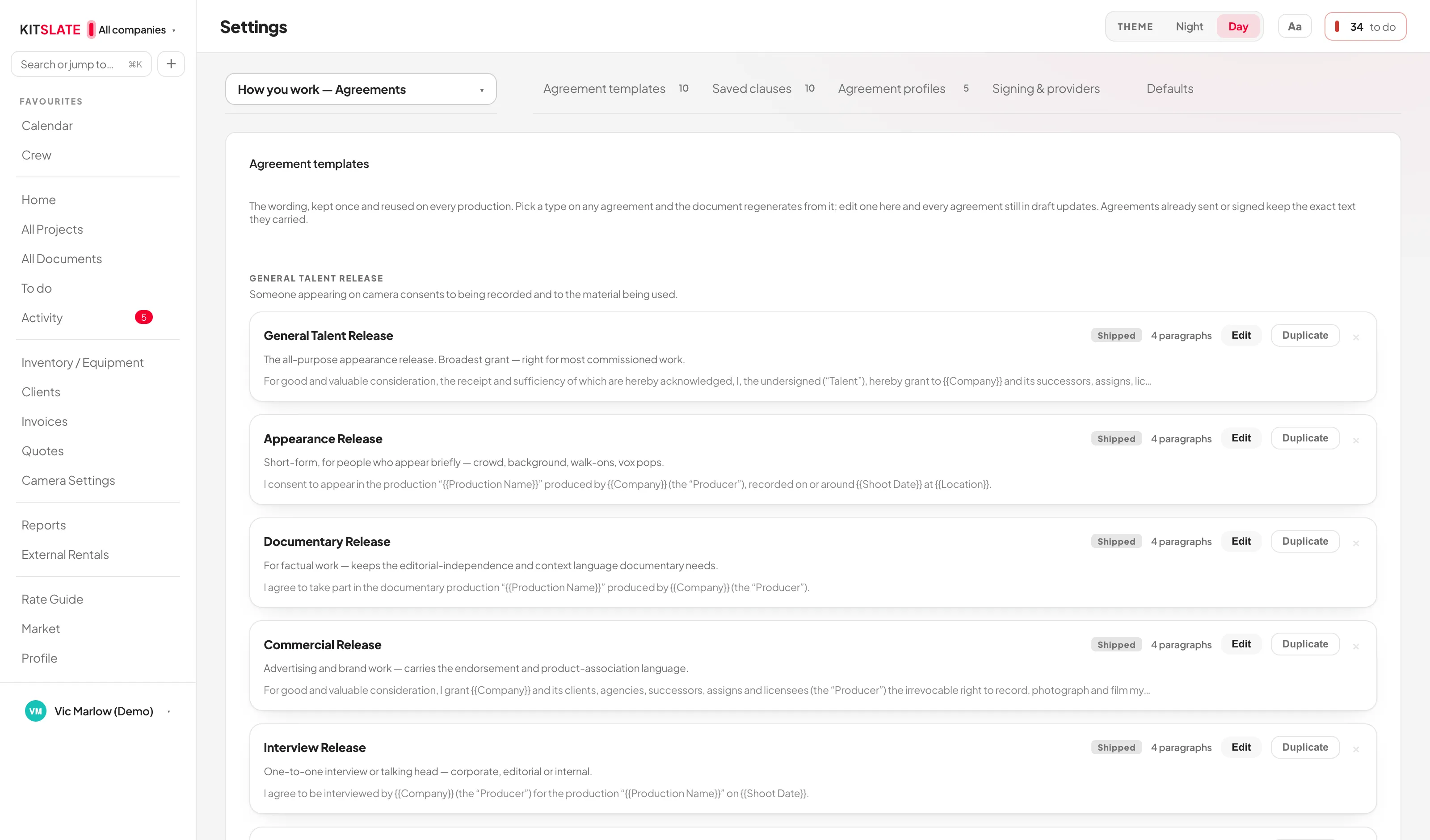 Settings Agreements tab listing templates grouped under General Talent Release, Location Release and Other / Custom Agreement, each with Edit and Duplicate, and a rail for saved clauses, agreement profiles, signing providers and defaults.