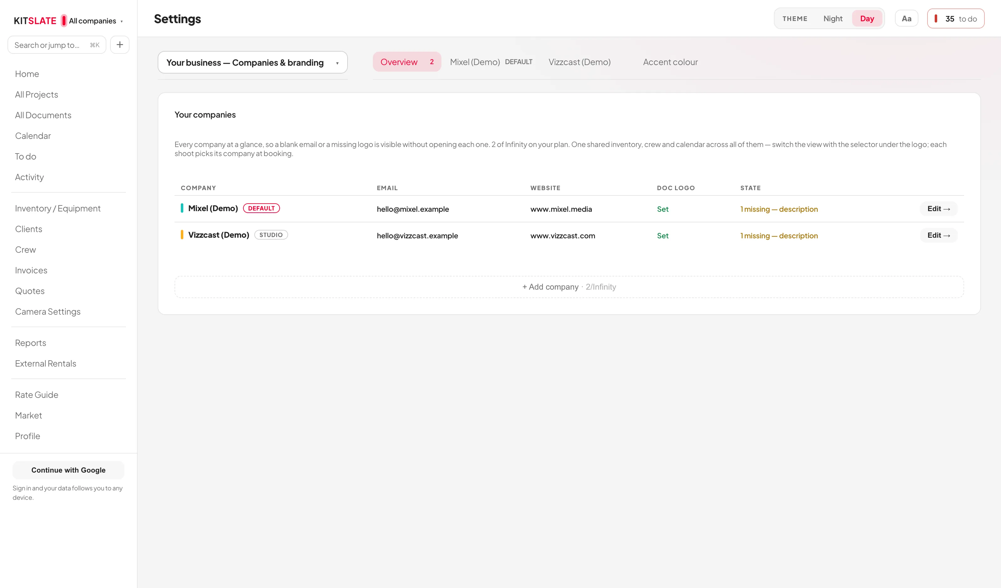 The Settings shell: a category button reading Your business, Companies and branding, a row of section links across the top beside it, and the settings content filling the full width of the page below.
