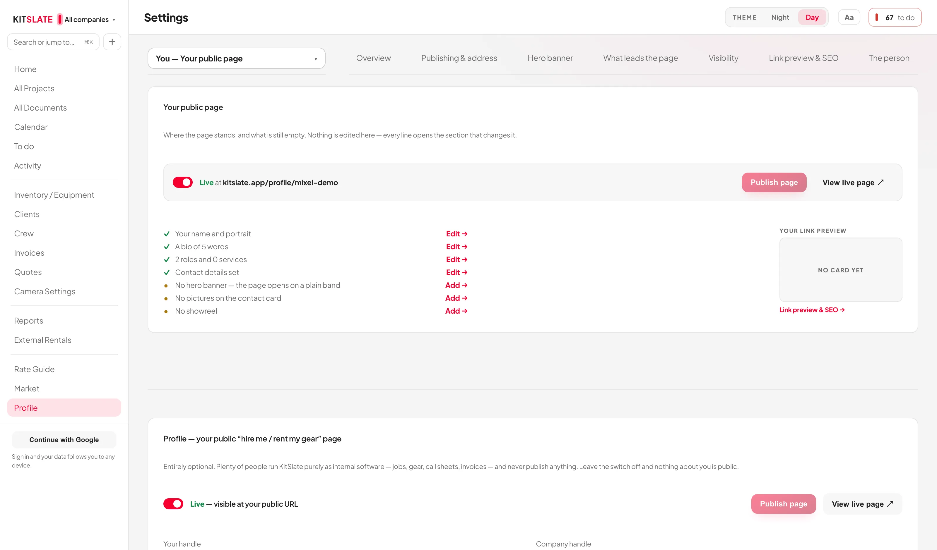 The Your public page settings tab with all of its sections stacked down one scrolling page, each as a full-width card.