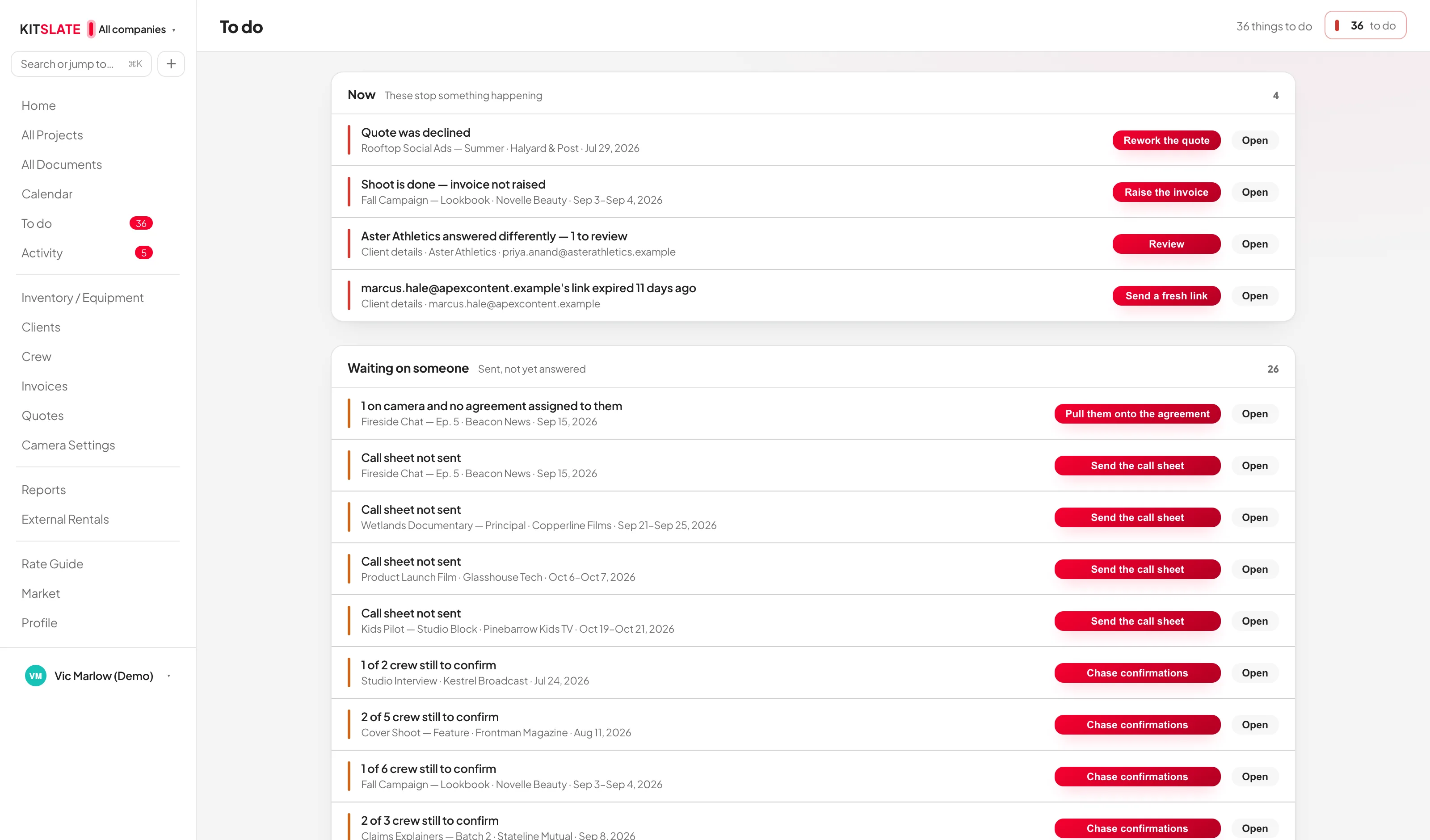 The To do page. Under Now, two request rows: Aster Athletics answered differently — 1 to review, with a Review button, and an expired client-details link with a Send a fresh link button. Below, the Waiting on someone band with call sheets not sent and crew still to confirm.