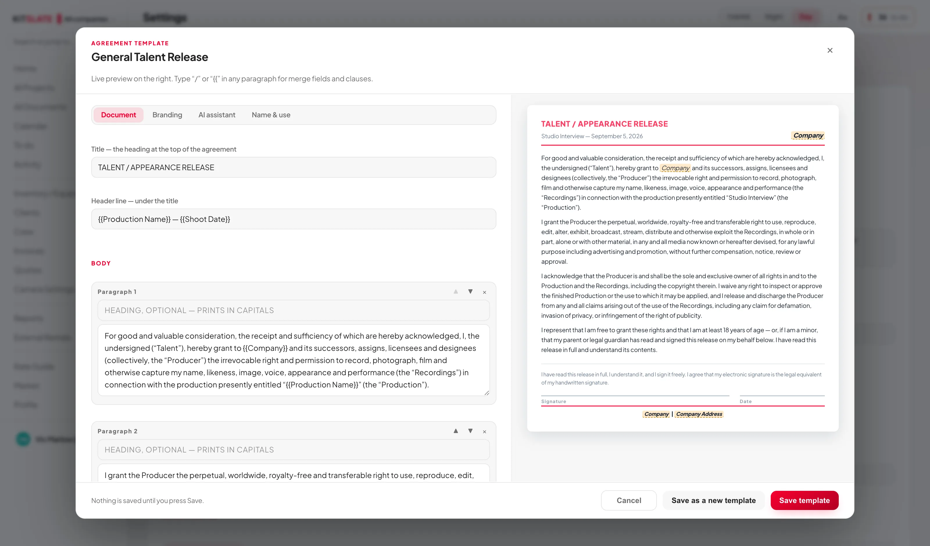 The template editor. On the left, the Document tab with the title, header line and body paragraphs; on the right the live preview of the talent release, where the Company merge field is highlighted in amber at the top right, inside the first paragraph and in the signature block, because the template itself holds no company.