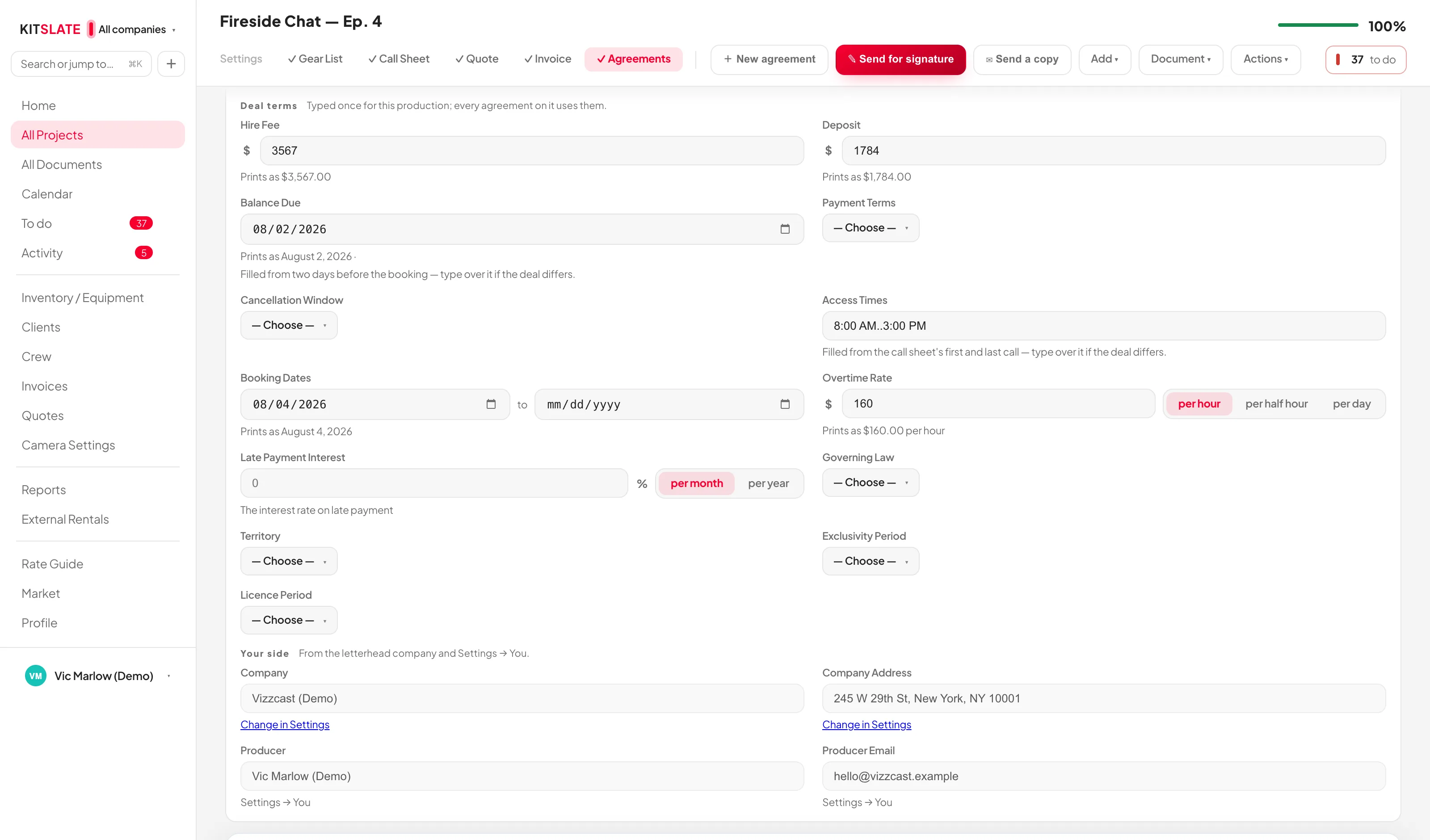 The Agreement details panel on a production, scrolled to the Deal terms group: Hire Fee $3,567 and Deposit $1,784 with Prints as lines beneath, Balance Due 08/02/2026 with the note Filled from two days before the booking, Access Times 8:00 AM–3:00 PM with the note Filled from the call sheet's first and last call, Booking Dates, Overtime Rate $160 per hour, and the Your side group below with the company and producer.