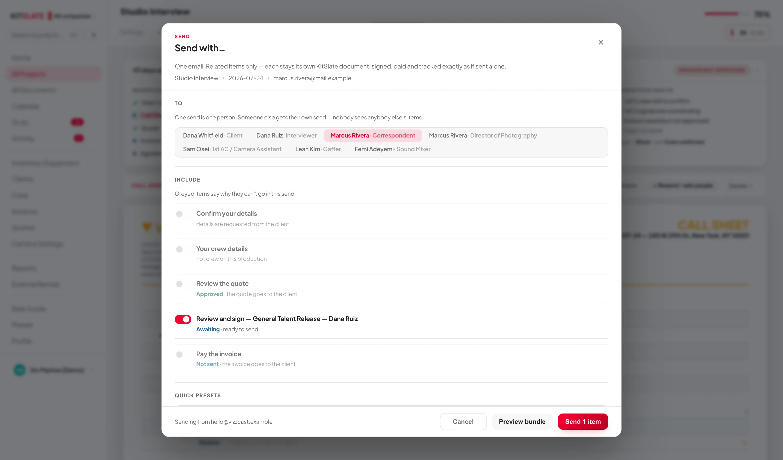 The Send with… dialog on a production. A TO row of the people on the job with Marcus Rivera selected, an INCLUDE list of switches — Confirm your details, Your crew details, Review the quote, Review and sign the agreement, Pay the invoice — with greyed rows explaining why they cannot go, and a Send 1 item button.