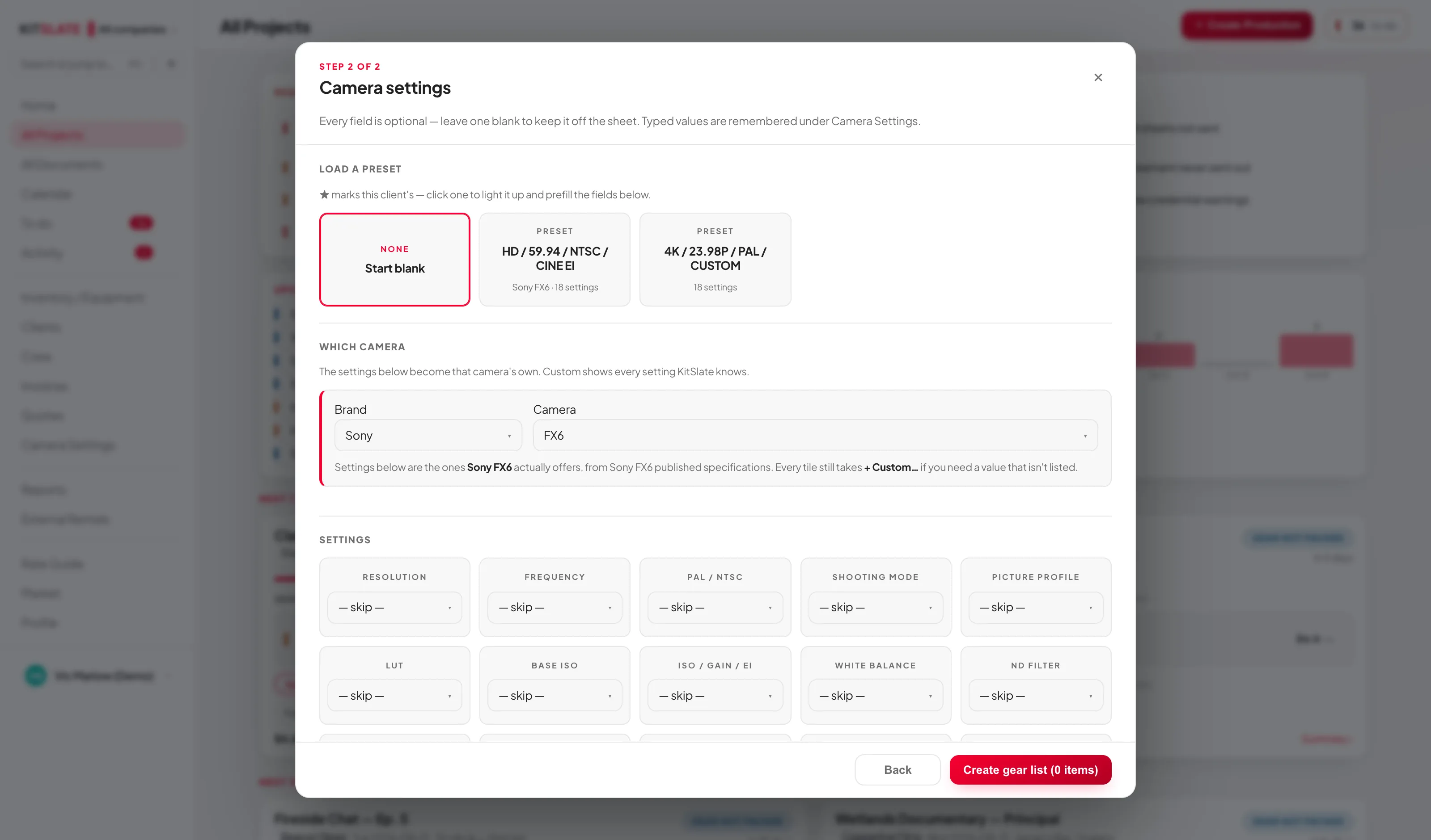 Step 2 of 2, Camera settings, in the Create Production dialog. A LOAD A PRESET row with Start blank and two presets, a WHICH CAMERA block with Brand set to Sony and Camera set to FX6 and a note that the settings below are the ones the Sony FX6 actually offers, then the settings tiles.