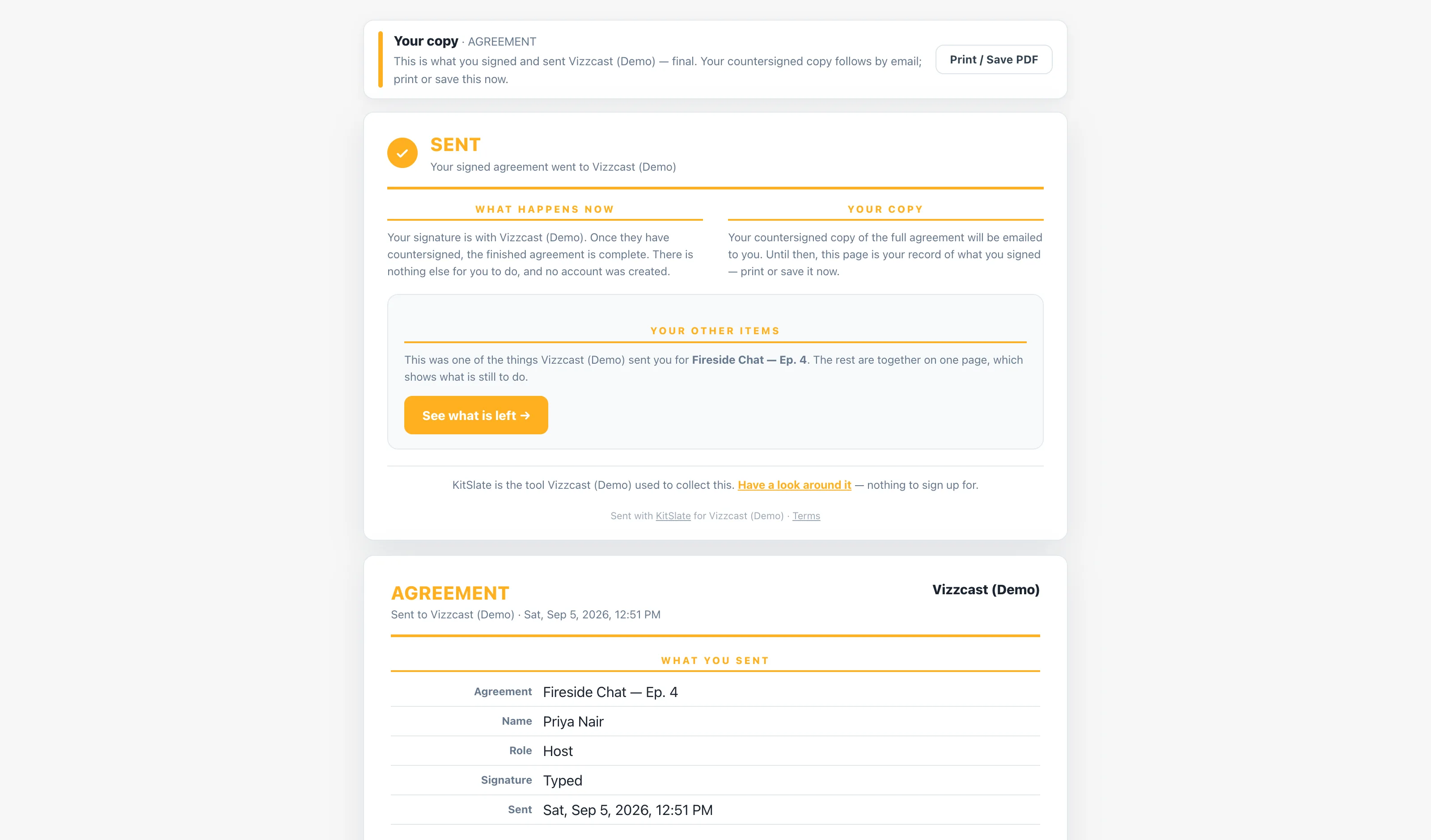 A guest's receipt after signing an agreement. A Your copy banner at the top with a Print / Save PDF button, a SENT card with two columns headed What happens now and Your copy, a Your other items panel with a See what is left button, and beneath it the complete agreement as sent — name, role, signature type and time.