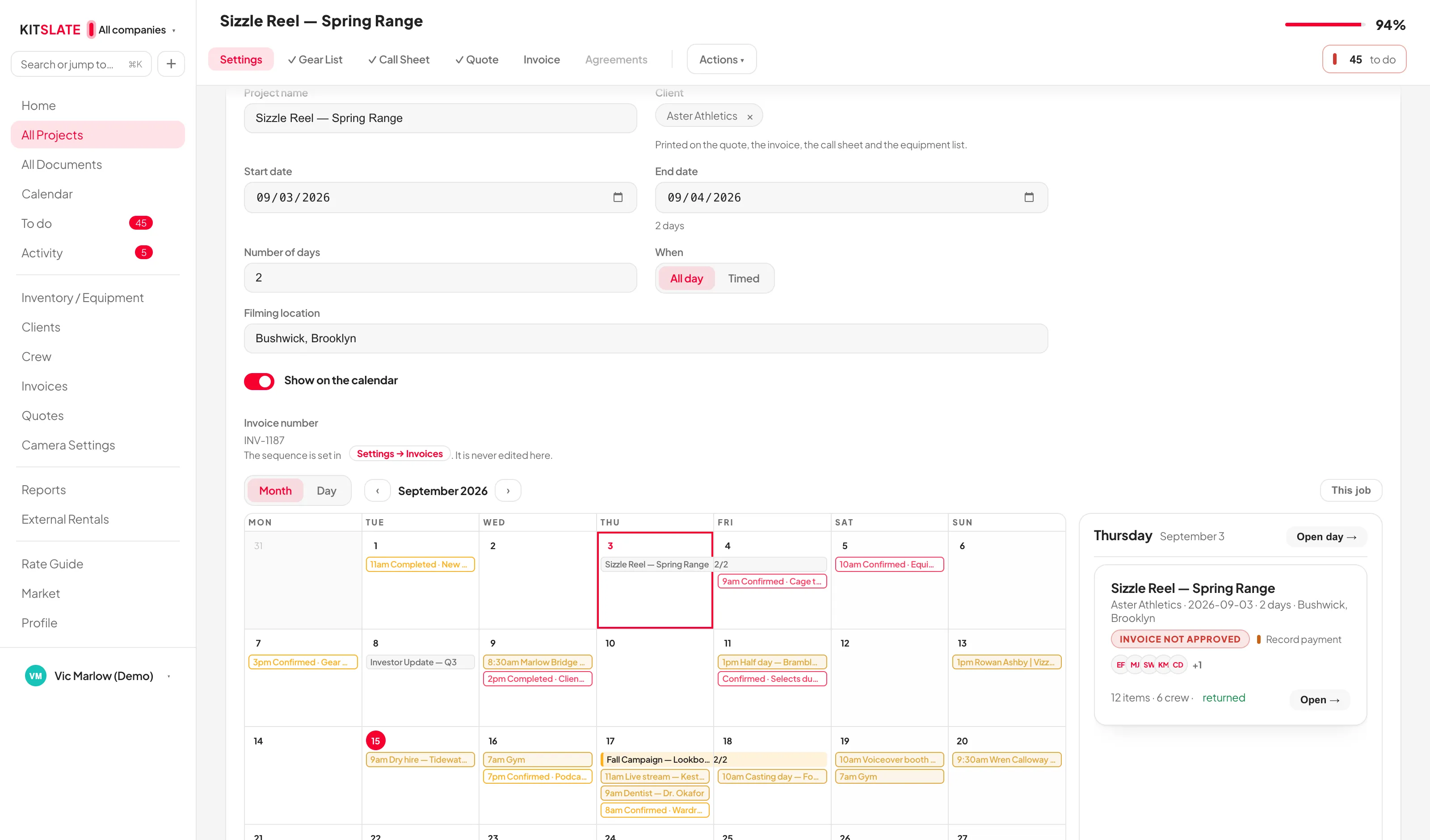 A production's Settings tab, scrolled to the job card: Start date, End date and Number of days, where the gear works, the calendar card, and an Invoice number row shown read-only with a pointer to Settings, Invoices.