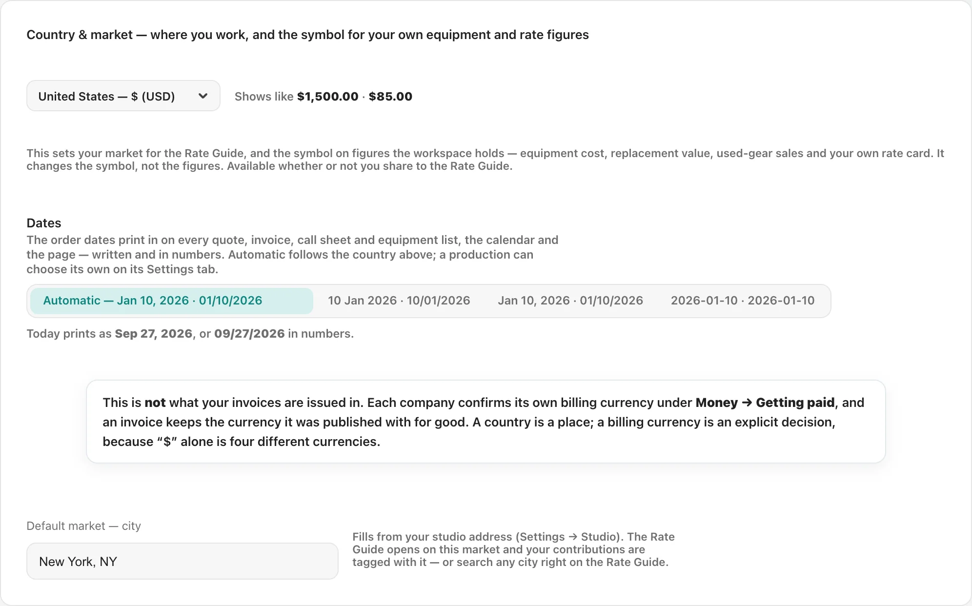 The Country & market card in Settings: the country picker, then a Dates row with four buttons &mdash; Automatic, 10 Jan 2026, Jan 10, 2026 and 2026-01-10 &mdash; each showing its numeric form, and a line reading Today prints as with the date in both forms