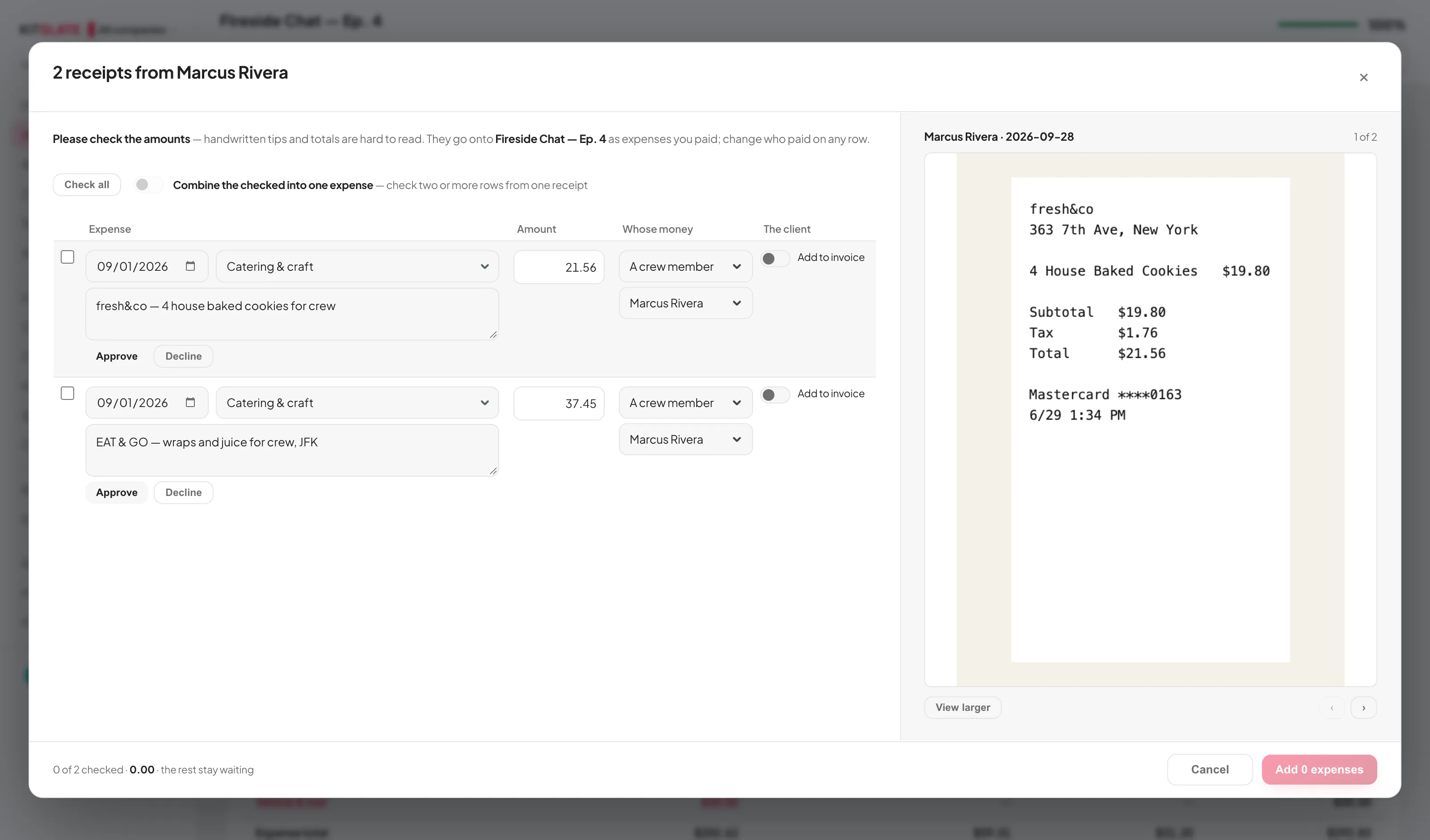The receipt check: the expense rows on the left, the selected receipt fitted on the right with View larger, the sender named in the title