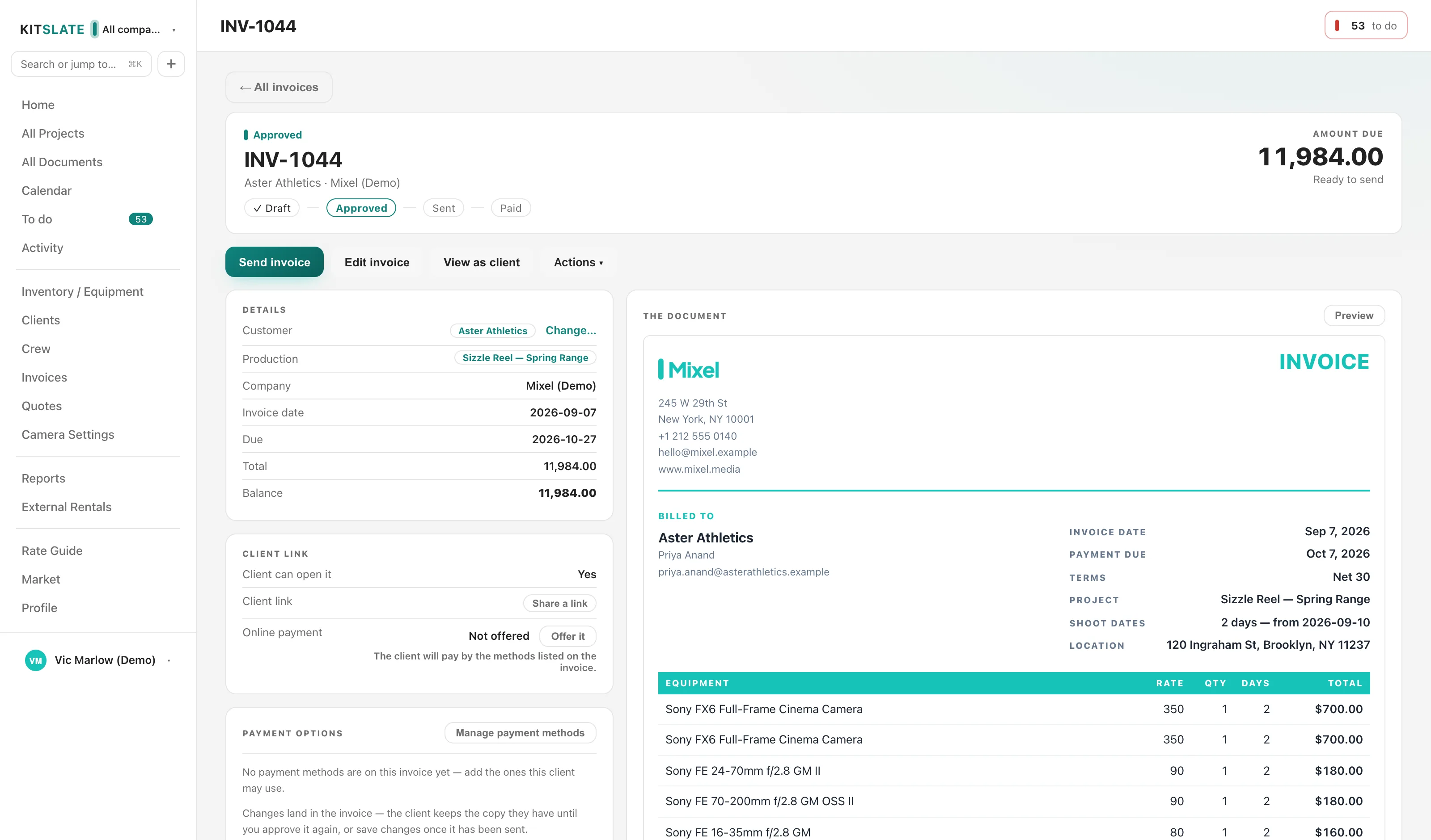 An approved invoice's page: the stage line Draft · Approved · Sent · Paid with Approved lit, and the bar Send invoice · Edit invoice · View as client