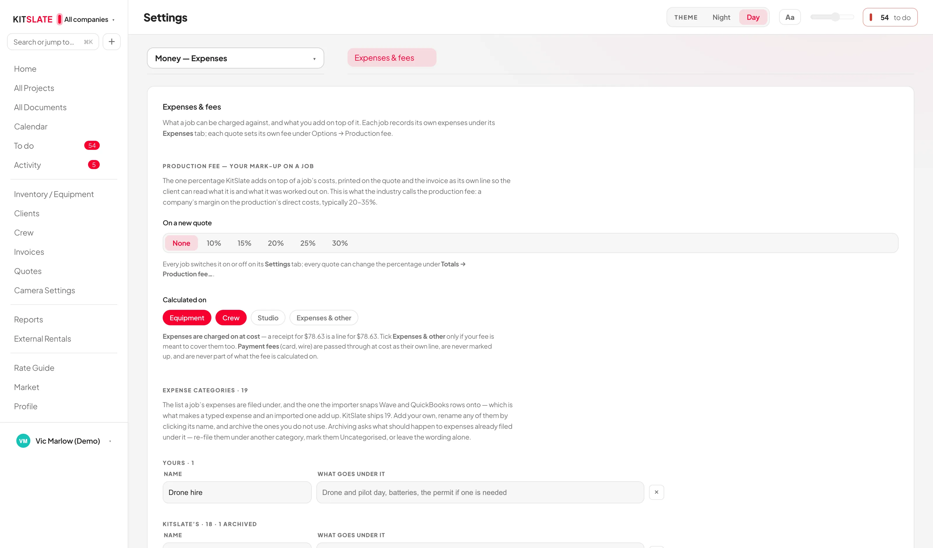 Settings, Money, Expenses: the default production fee, then the expense categories as an editable two-column table of name and what goes under it.