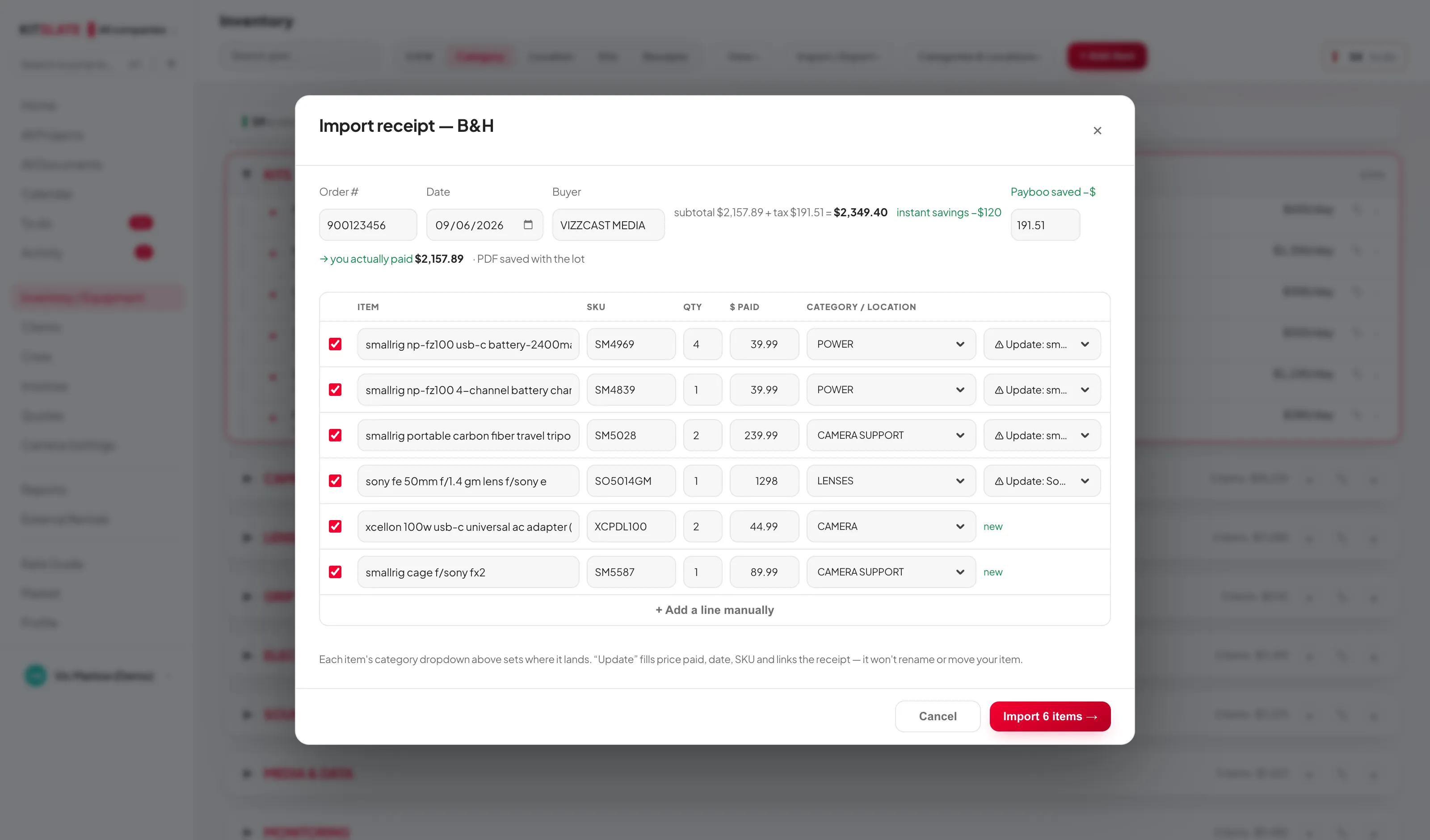 The receipt review for a B&H invoice: order number, date and buyer, subtotal plus tax, instant savings and the Payboo saving, then each line with SKU, quantity, price paid, a category and Update or new.