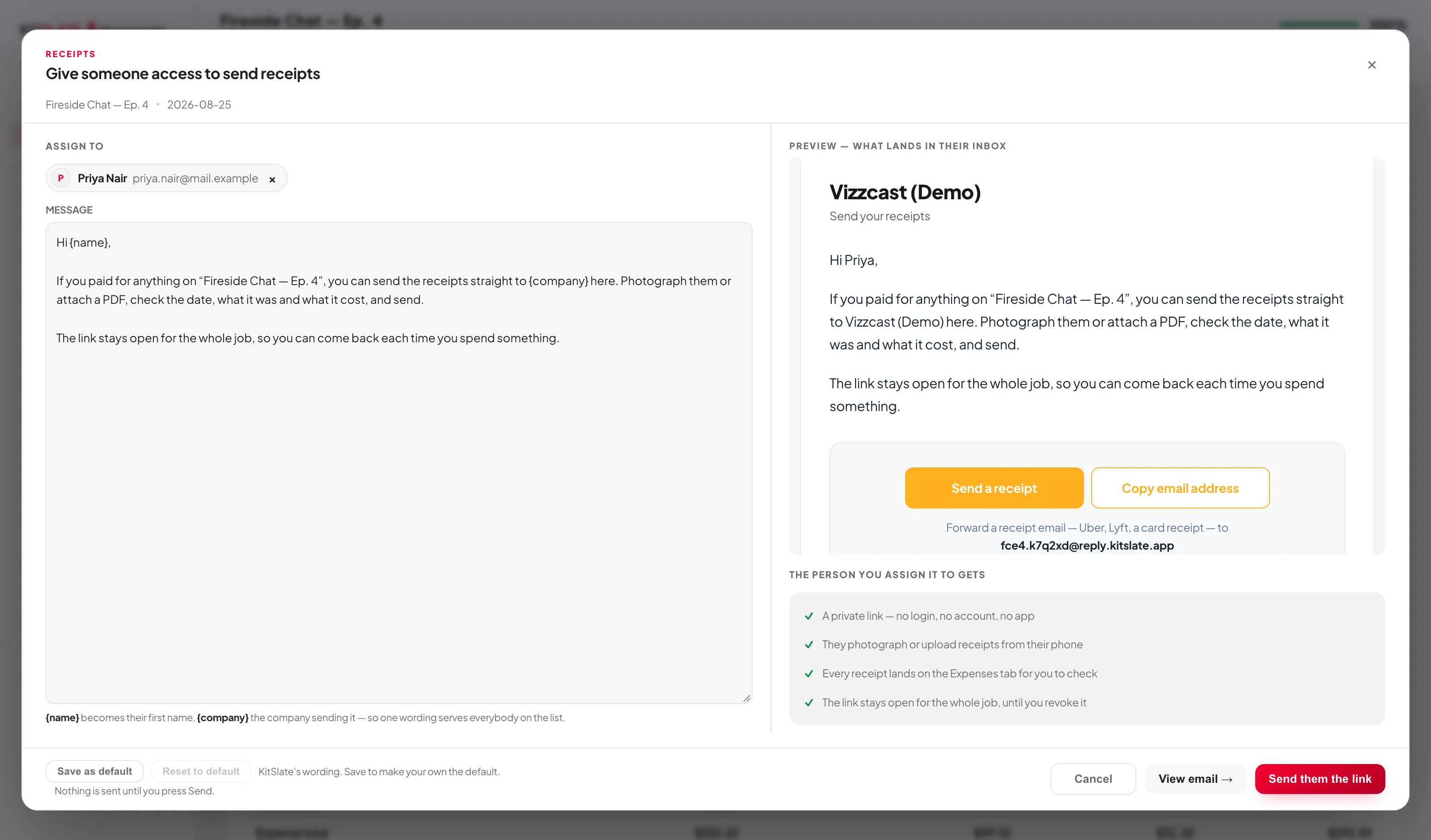 Give someone access to send receipts: a crew member picked, the message with name and company placeholders, and on the right the email as it will arrive with its Send a receipt button, above what the person gets.