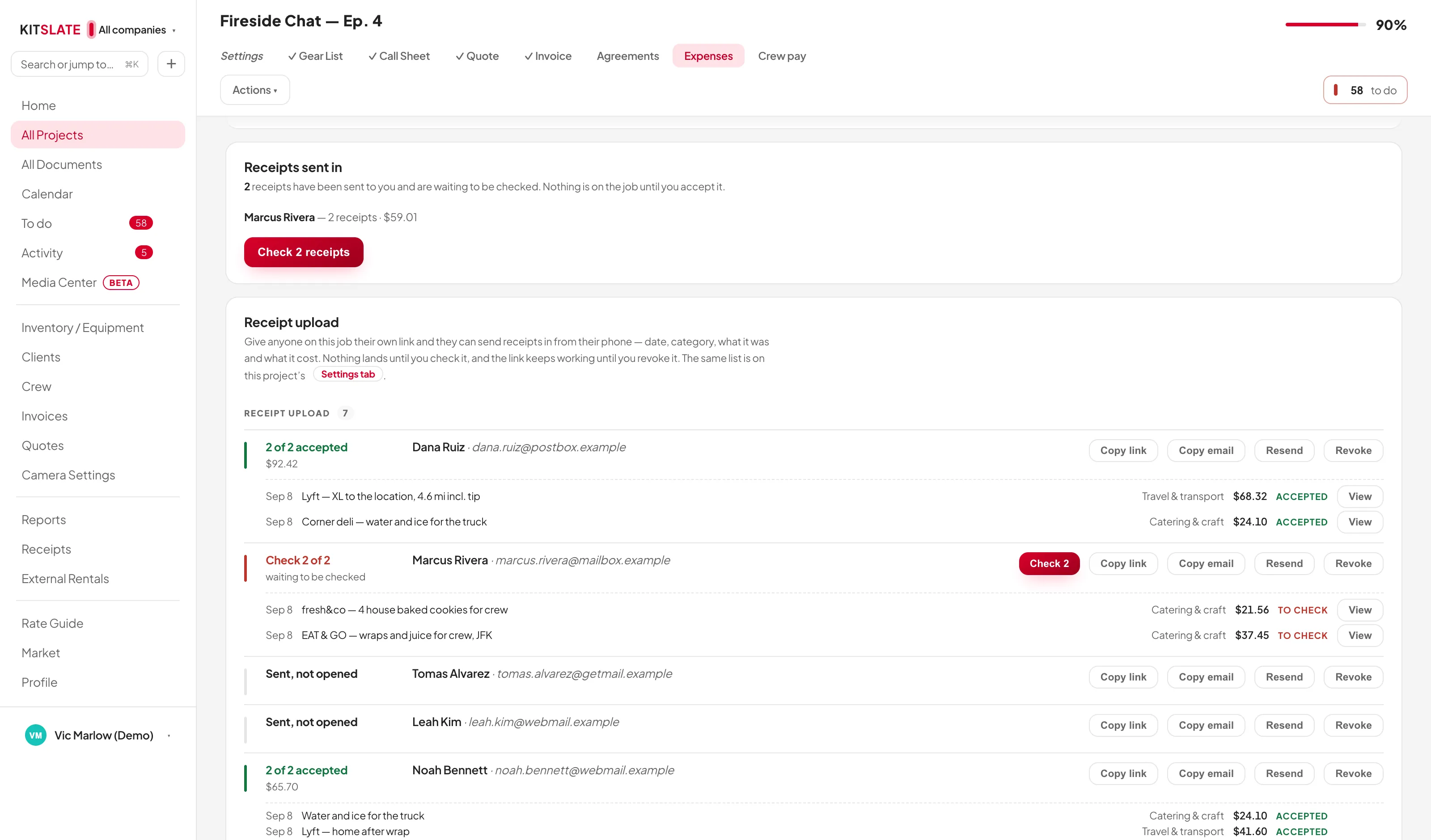 The Expenses tab's status cards — Receipts sent in with Check 2 receipts, the Receipt upload list with a green line for two of two accepted and a red line for two waiting to be checked, each person's receipts under their name with Copy link, Resend and Revoke, and Who owes who beneath