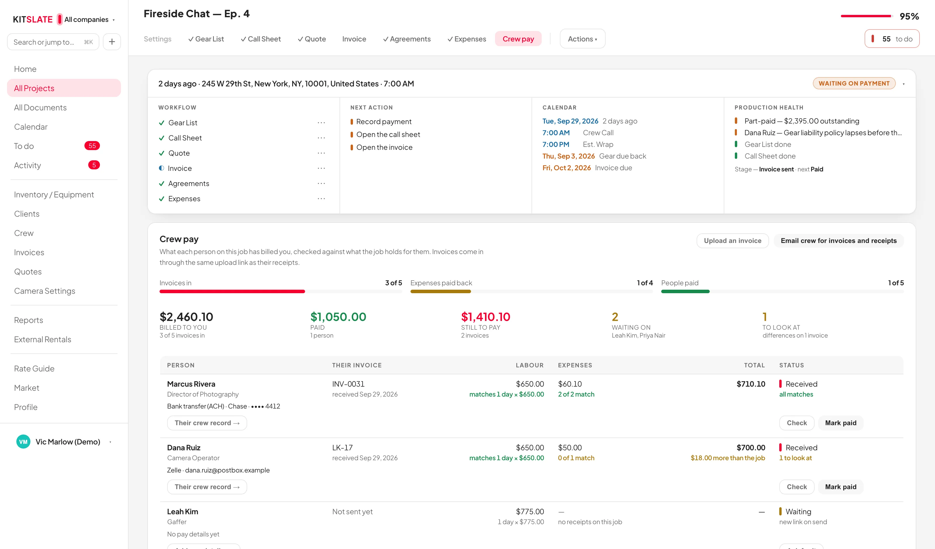 A job's Crew pay tab — progress bars for invoices in, expenses paid back and people paid, the totals billed, paid and still to pay, and a row per person with their invoice, labour and expenses each checked against the job, a status, and Check and Mark paid