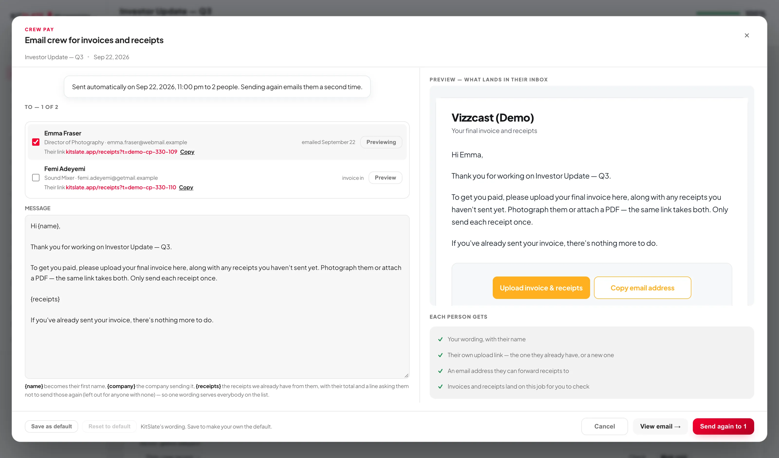 Email crew for invoices and receipts — the crew picked from the call sheet, each with their own upload link and Copy, emailed and invoice-in markers, the message with {name} and {receipts} in it, and on the right the email exactly as it lands