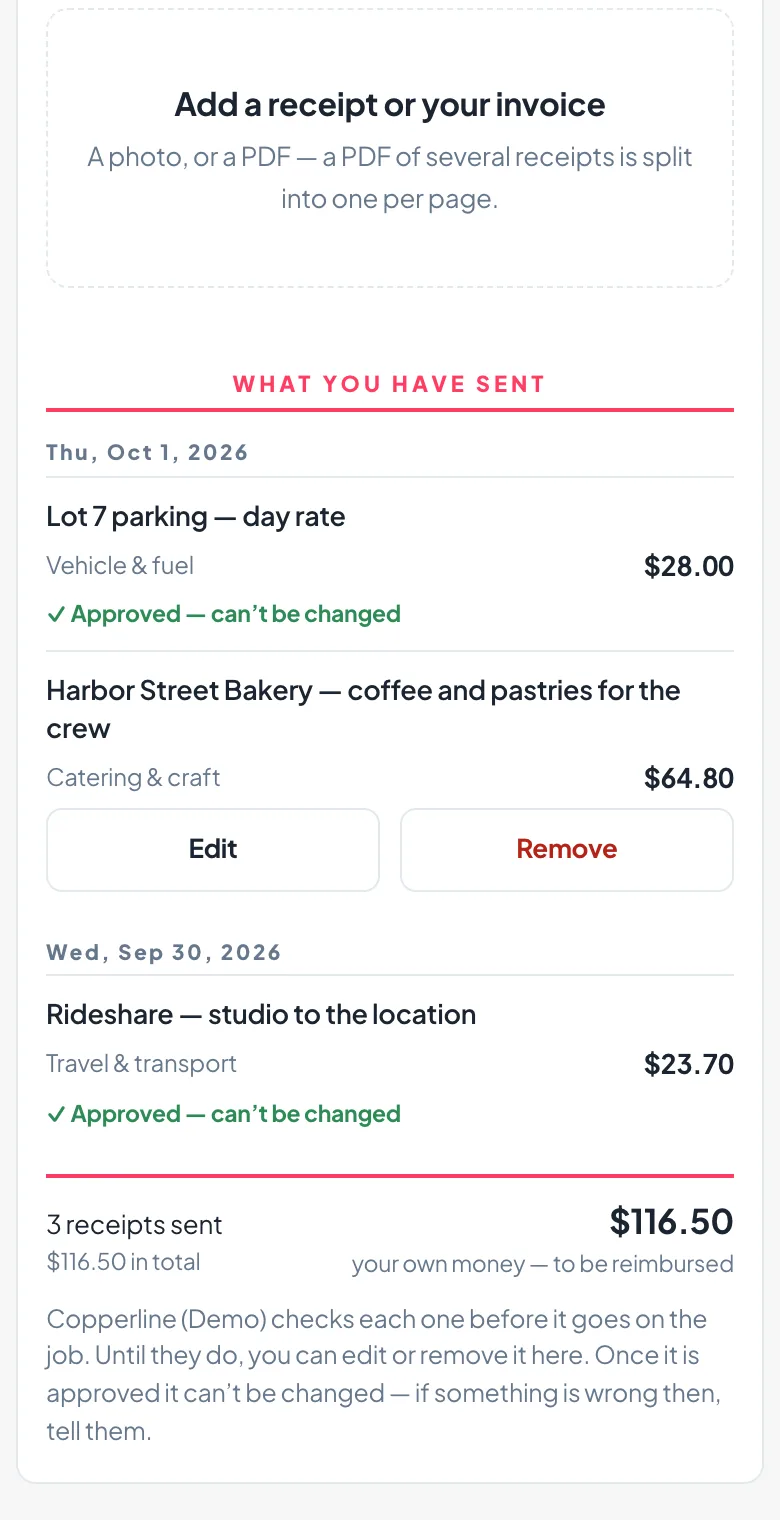 The crew's receipts page on a phone: What you have sent, an approved receipt reading Approved — can't be changed, and a waiting receipt with Edit and Remove side by side under its category and amount.