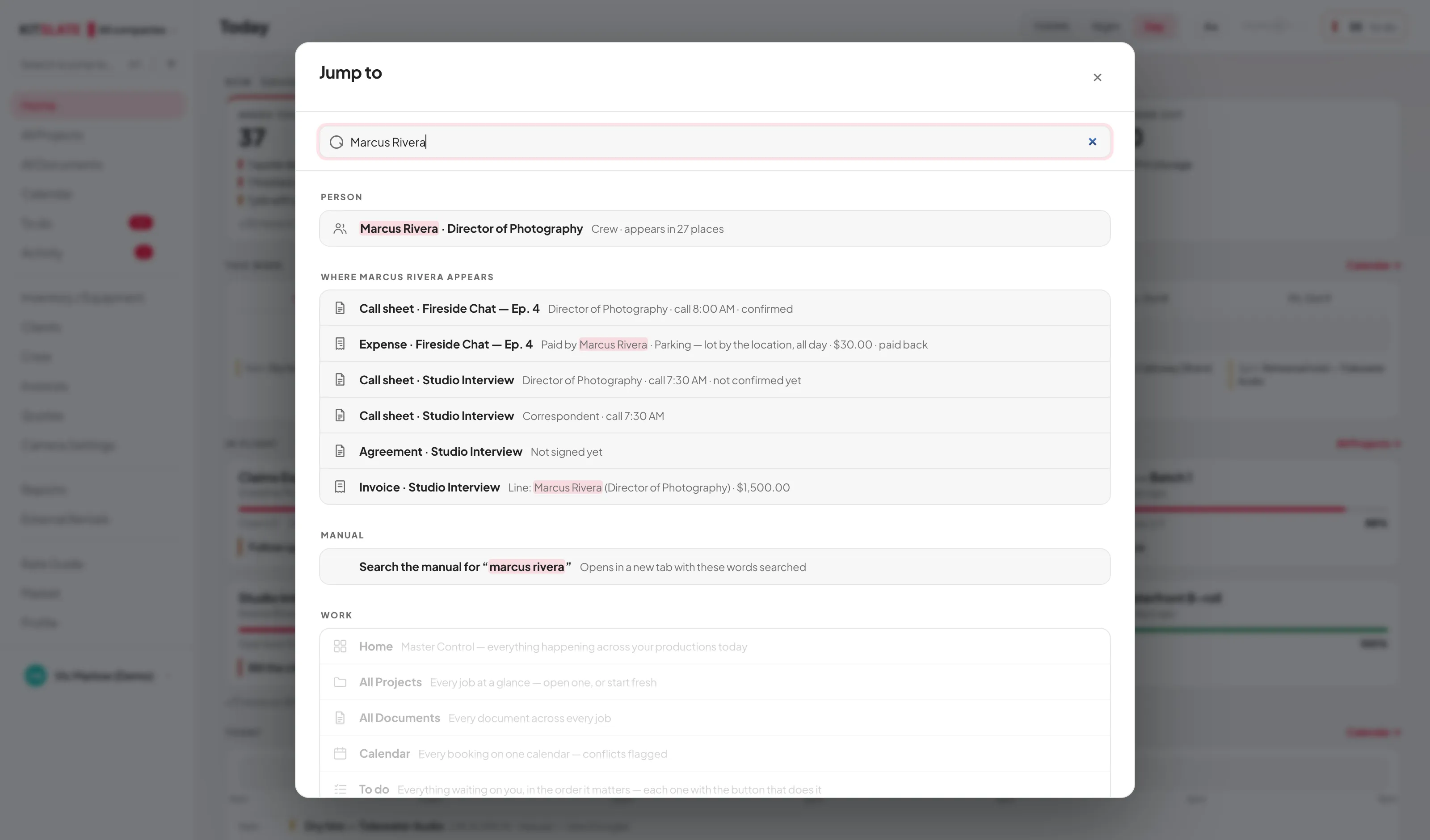 Jump to with a crew member's name typed: PERSON with their role and how many places they appear, then WHERE THEY APPEAR listing call sheets with call times and confirmations, an expense they paid, an agreement not yet signed and their line on an invoice, with the name marked in each row.